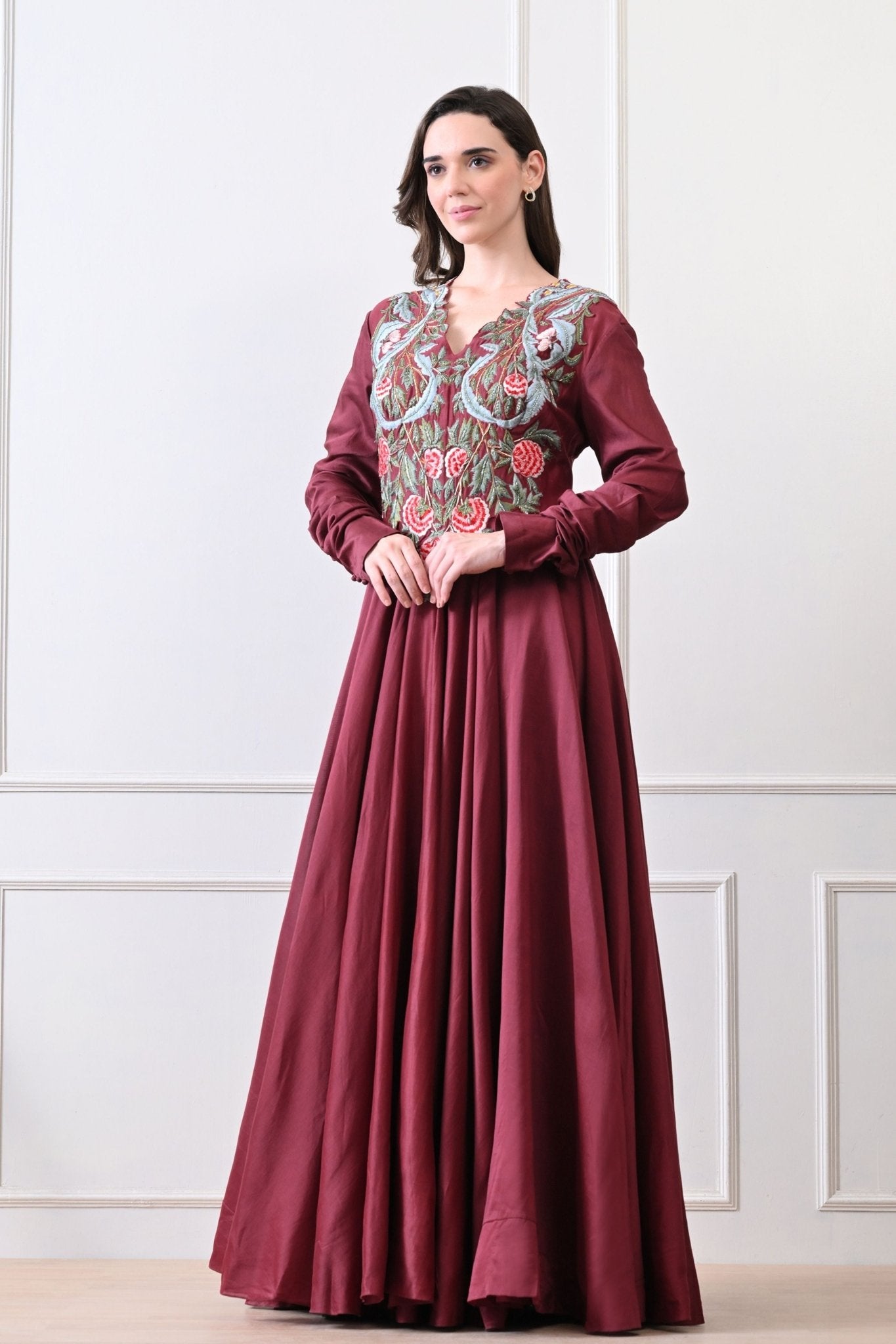 Maroon V - neck Embroidered Anarkali - Samant Chauhan - Elahe