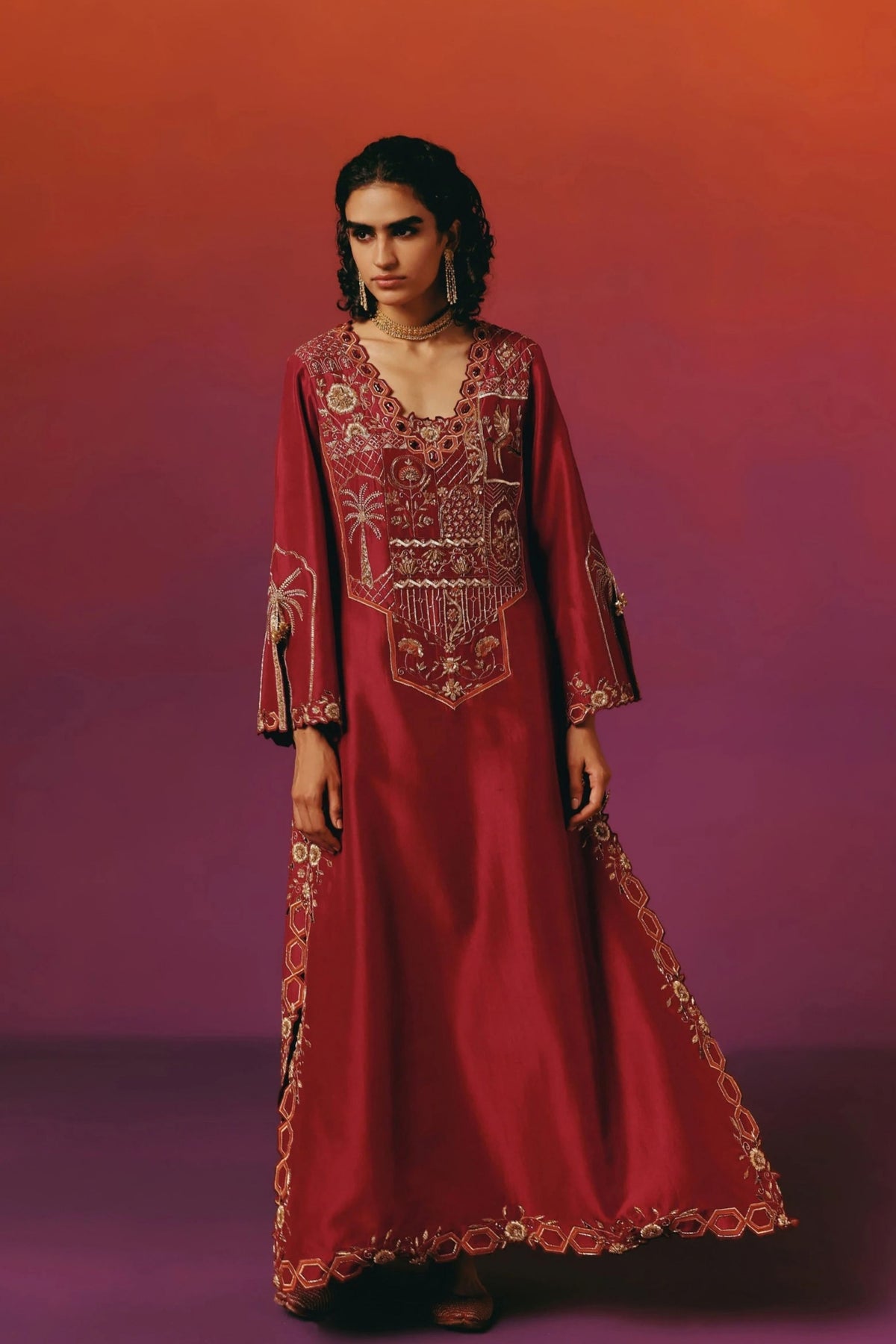 Red Palm Long Kurta Set