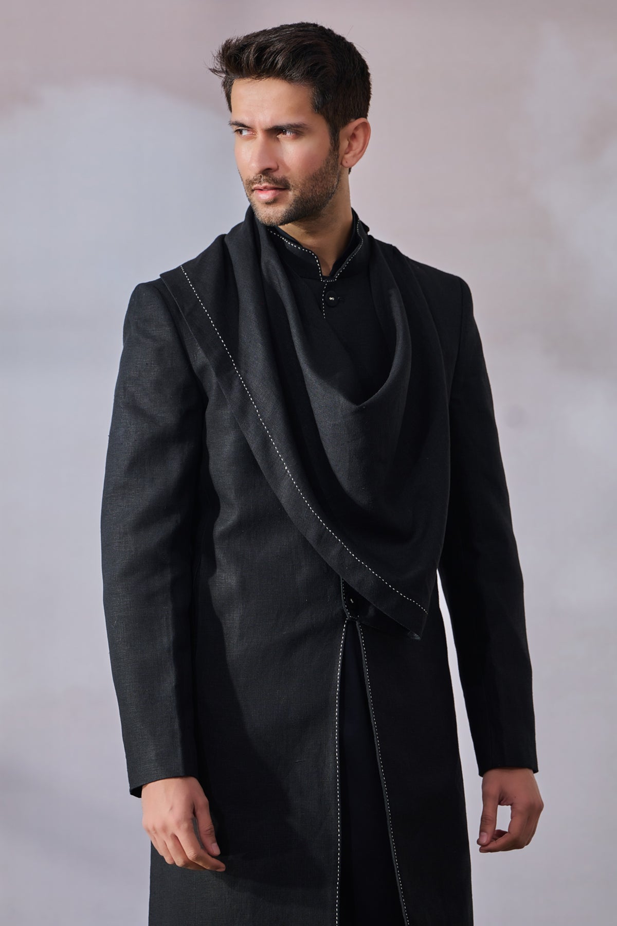 Black Draped Sherwani Set