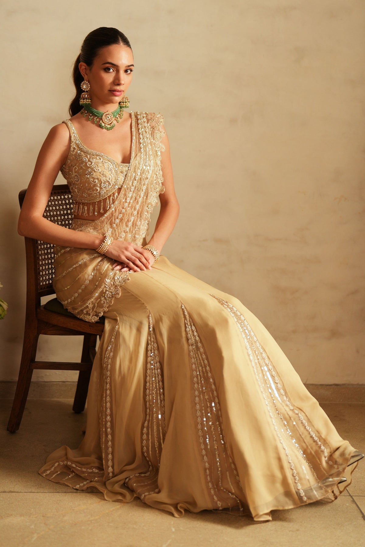 Beige Gold Lehenga Saree Set