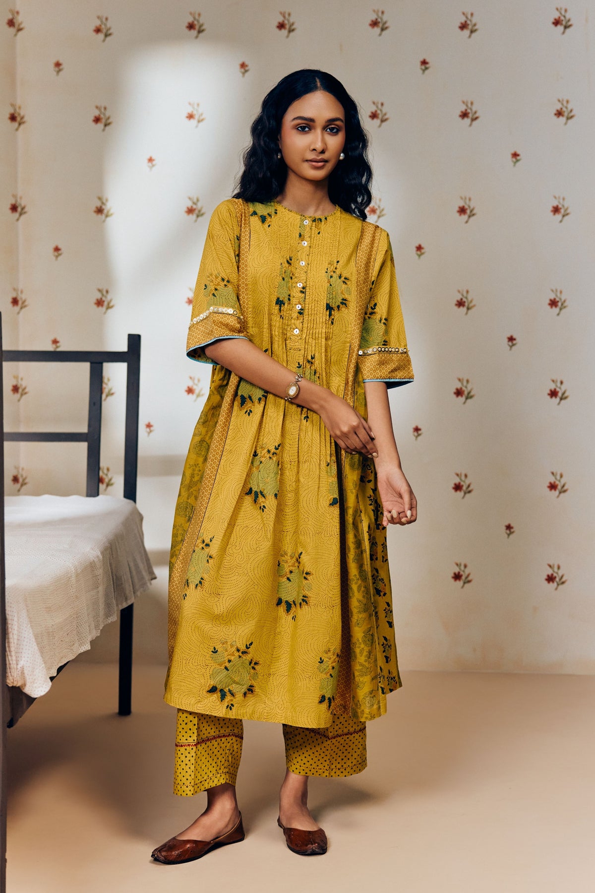 Mustard Rose Print Kurta Set
