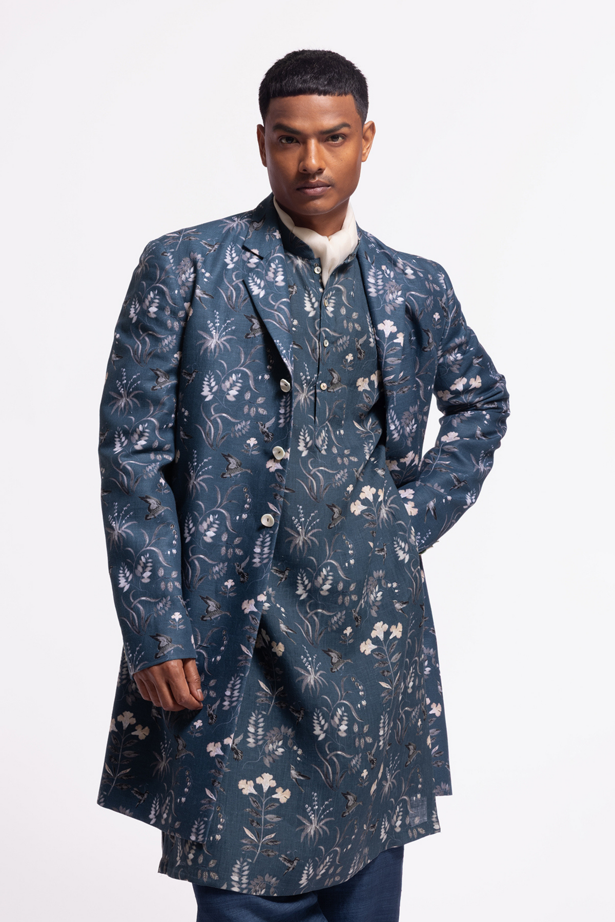 Floral Printed Long Jacket With Pocket