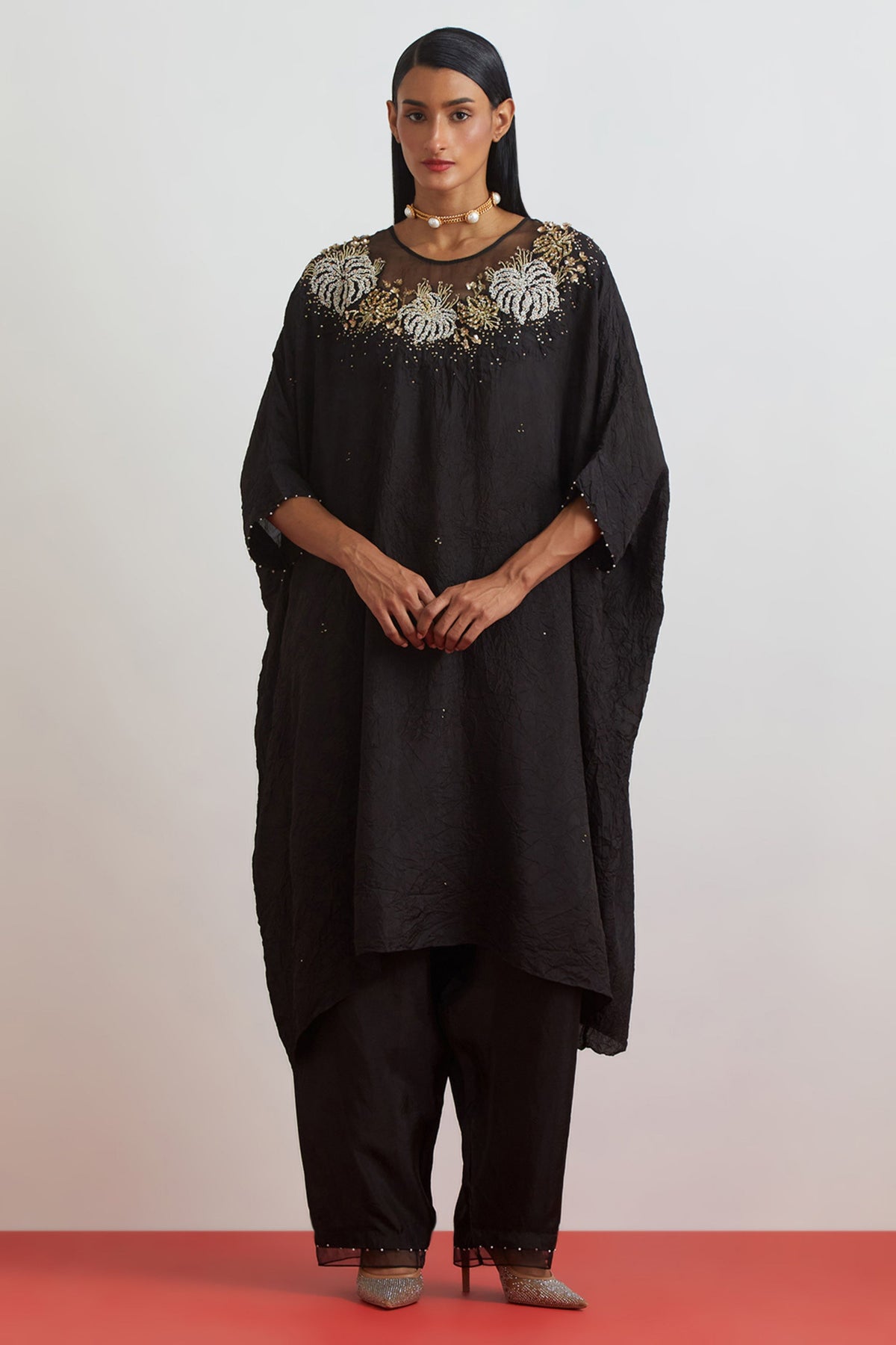 Black Floral Crystal Kaftan Set