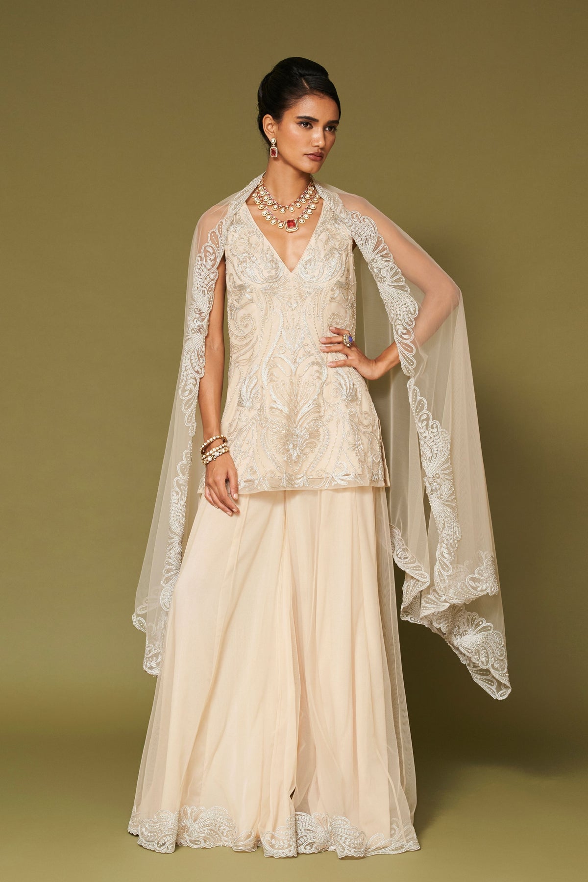 Almond Embroidered Net Sharara Set