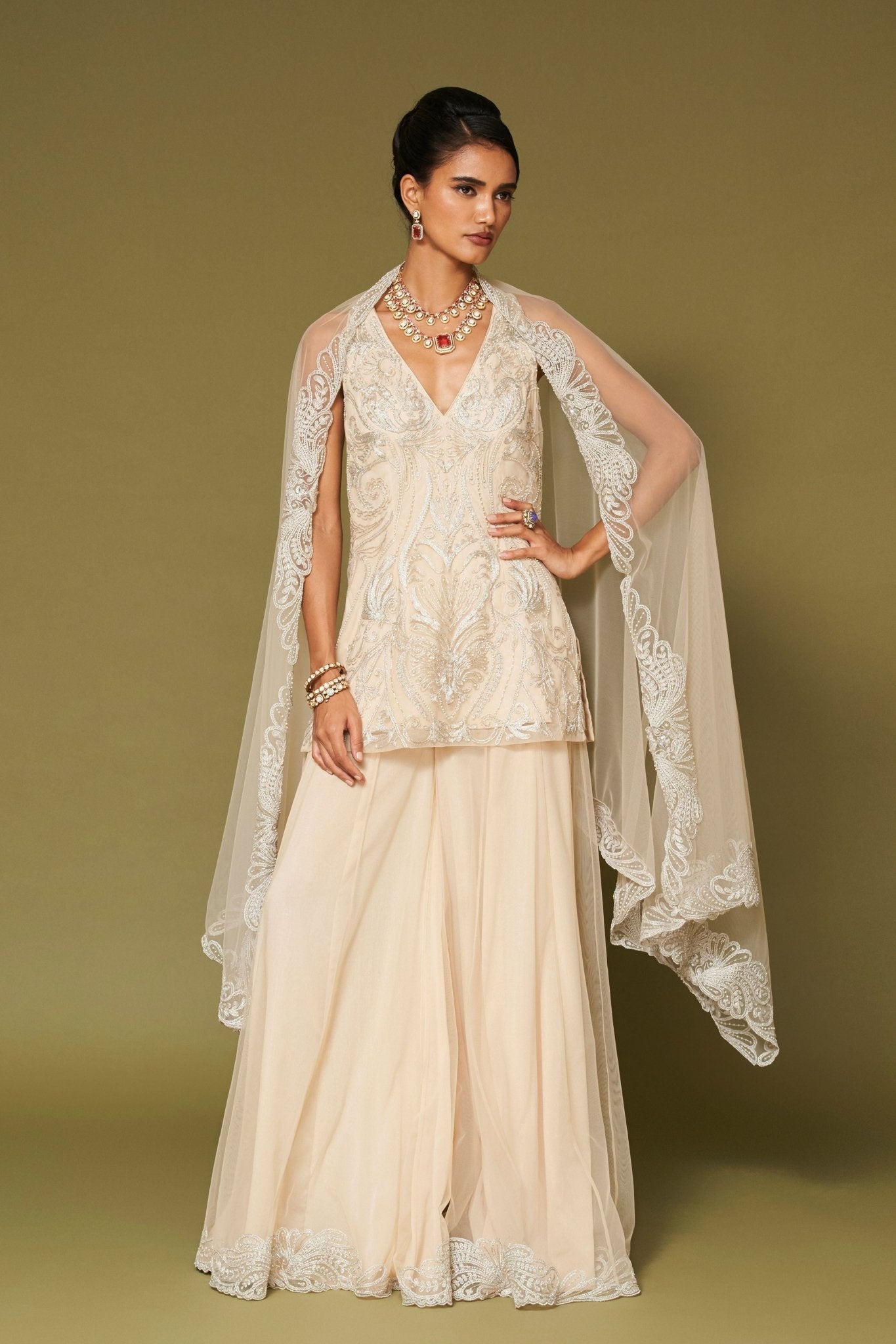 Almond Embroidered Net Sharara Set - Devnaagri - Elahe