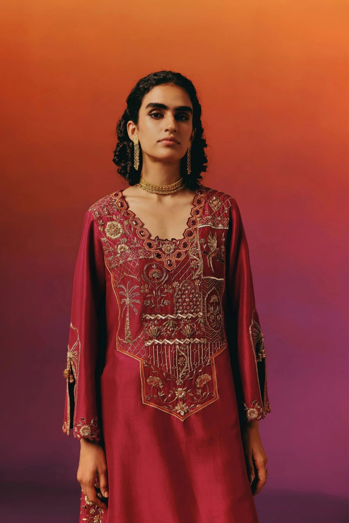 Red Palm Long Kurta Set