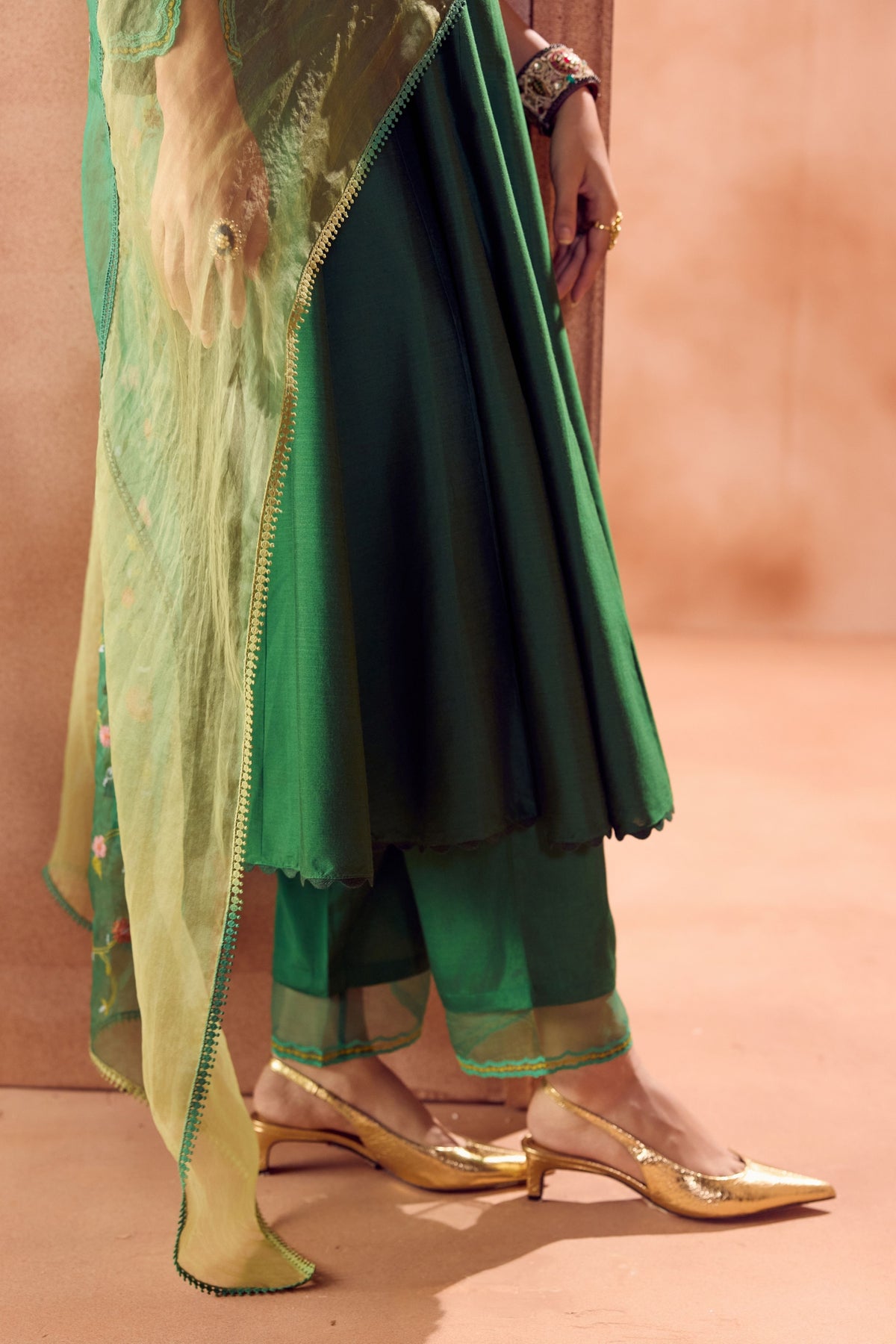 Green Floral Anarkali Set