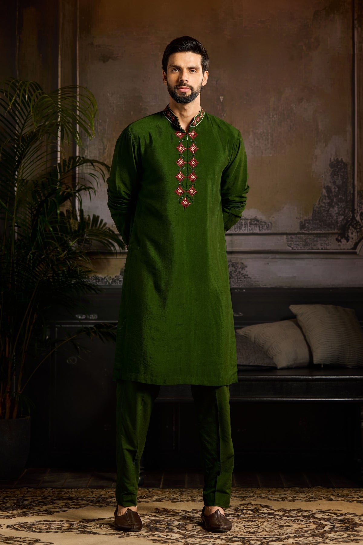 Olive Green Embroidered Kurta Set