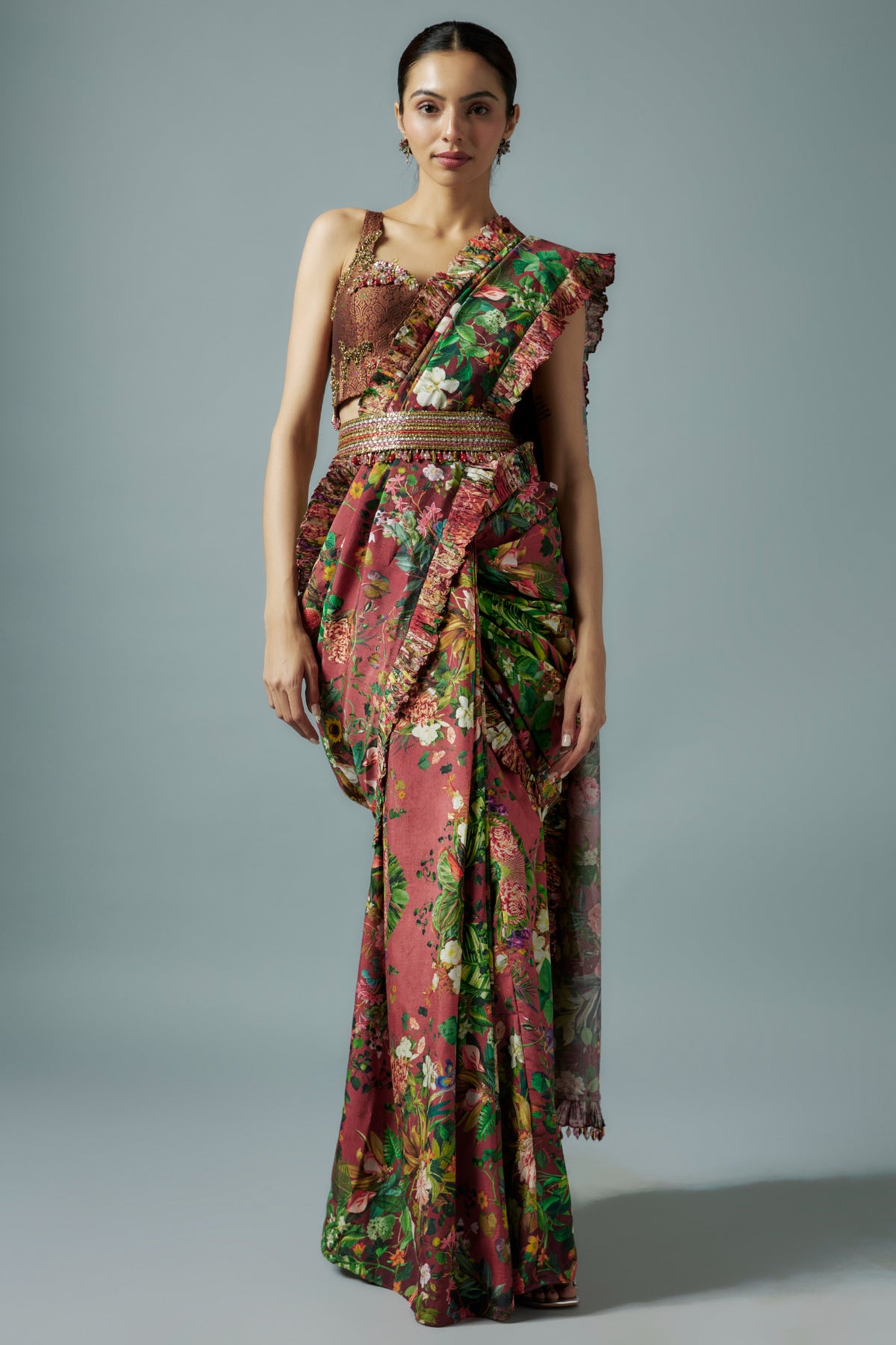 Maroon Embroidered Saree Set