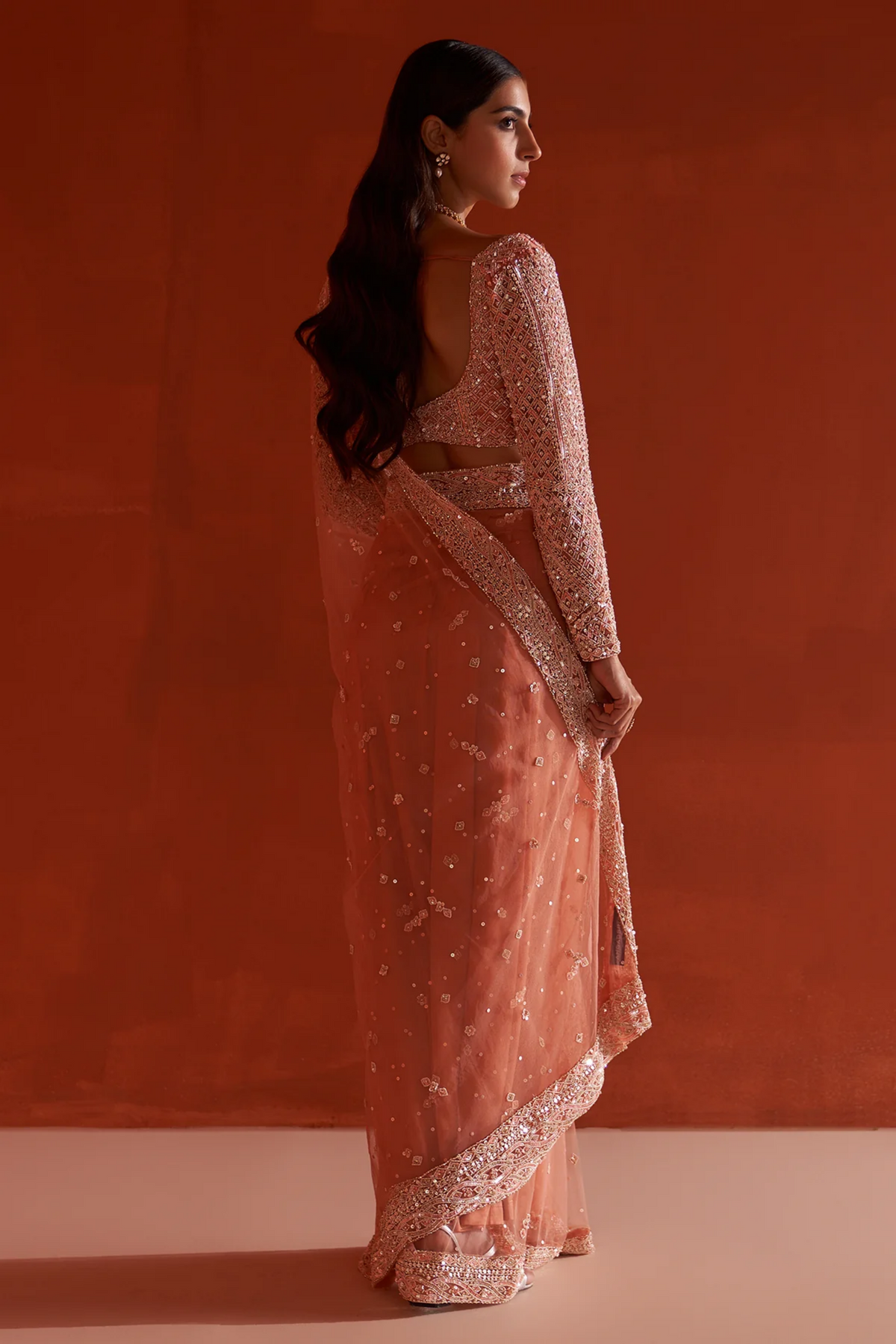 Pastel Orange Net Saree