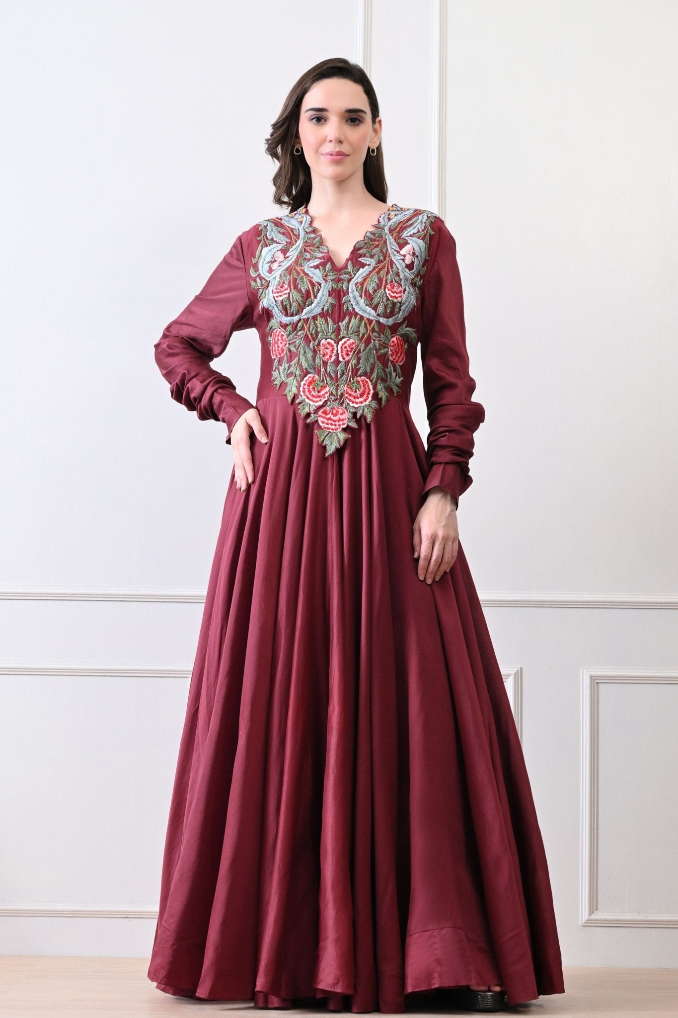 Maroon V - neck Embroidered Anarkali - Samant Chauhan - Elahe