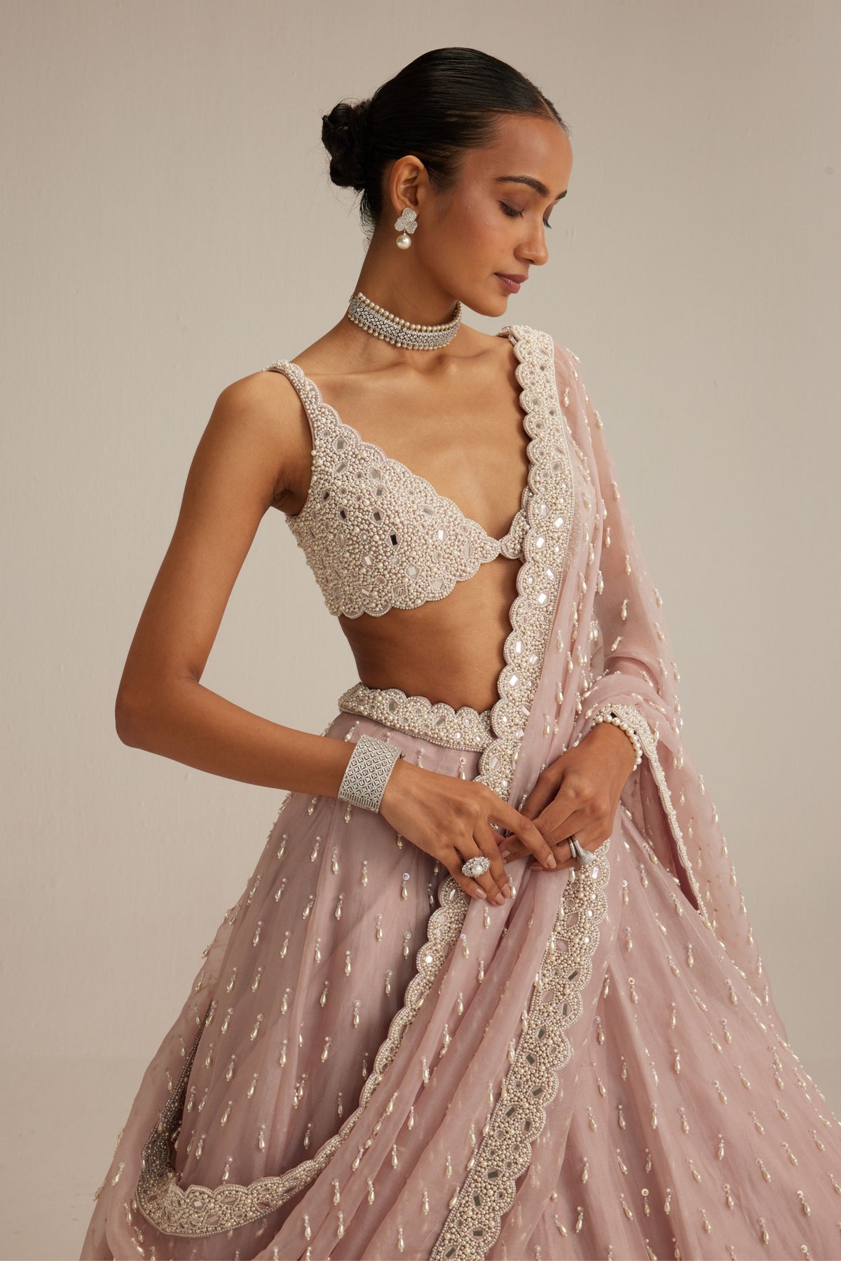 Ash Pink Pearl Drop Lehenga Set