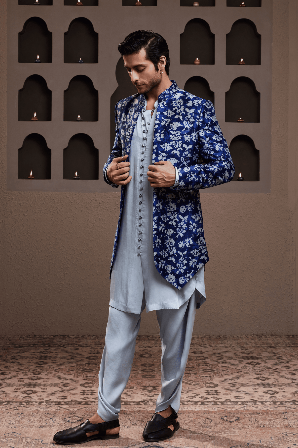 Indigo Printed Long Jacket Kurta Dhoti