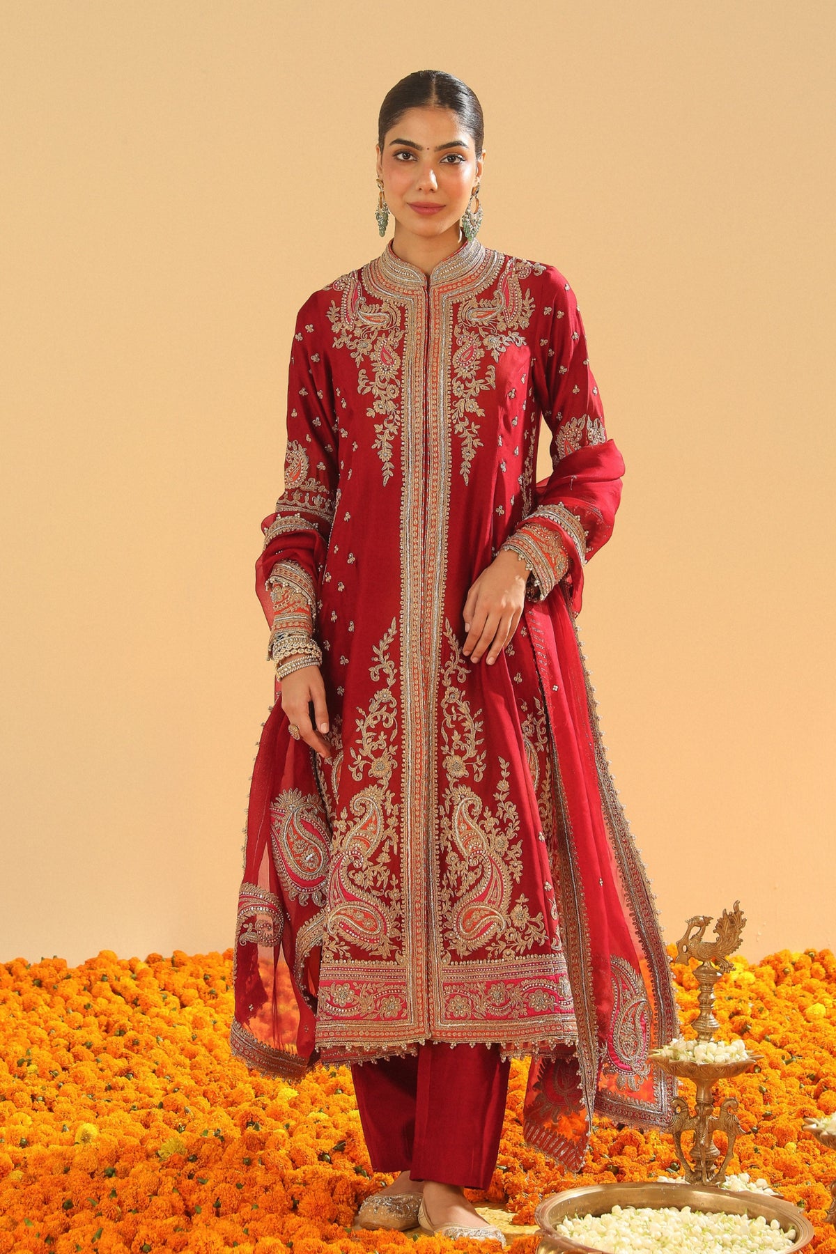 Deep Red A-line Jacket Set