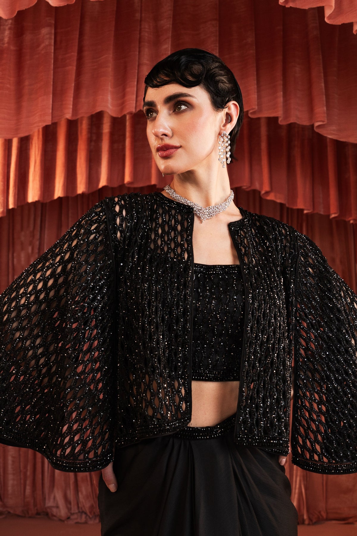 Black Beaded Cape Set