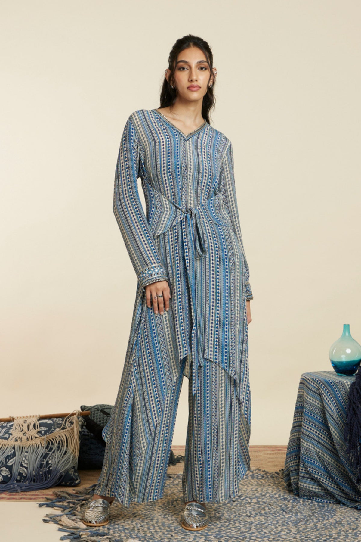 Blue Boho Stripe Tunic Set