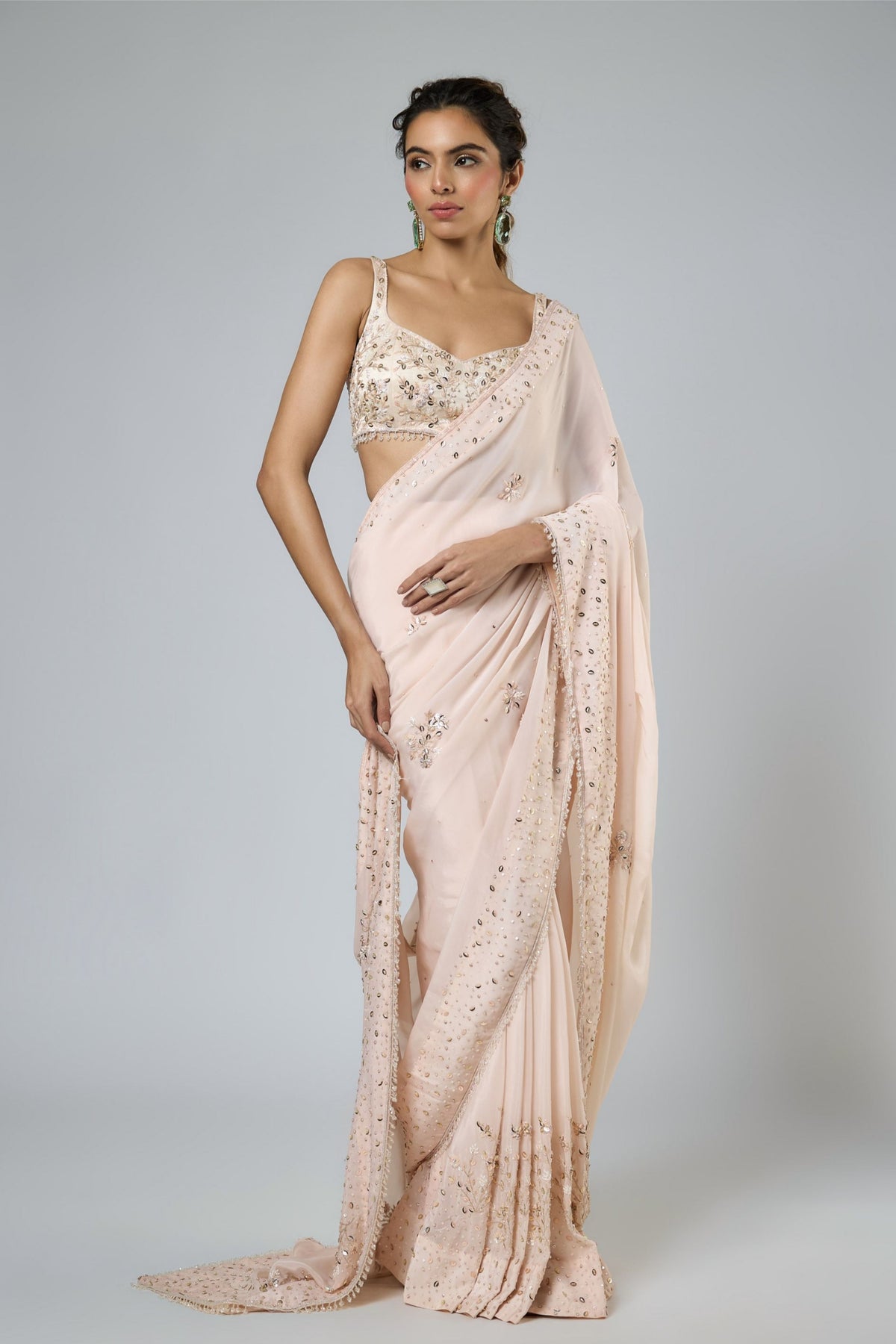 Light Peach Draped Saree Set
