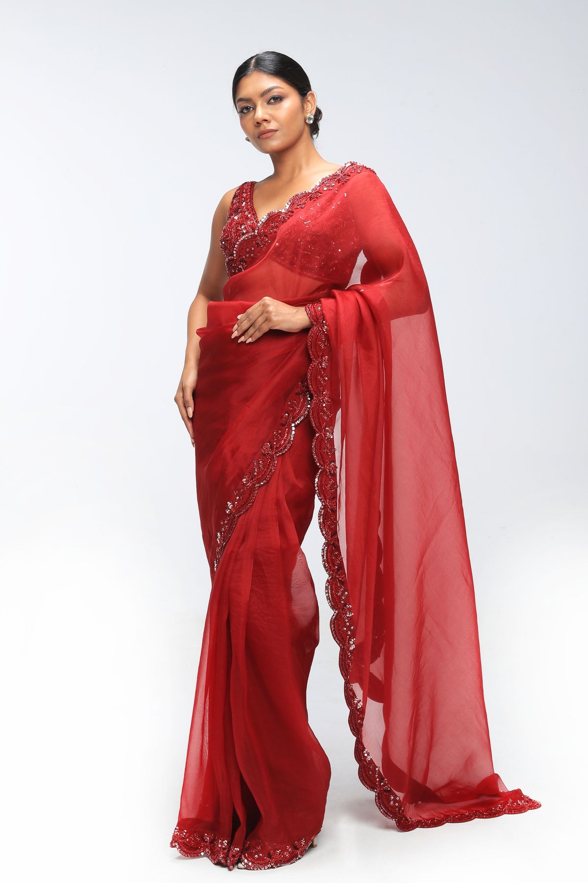 Red Reverie Scallop Saree