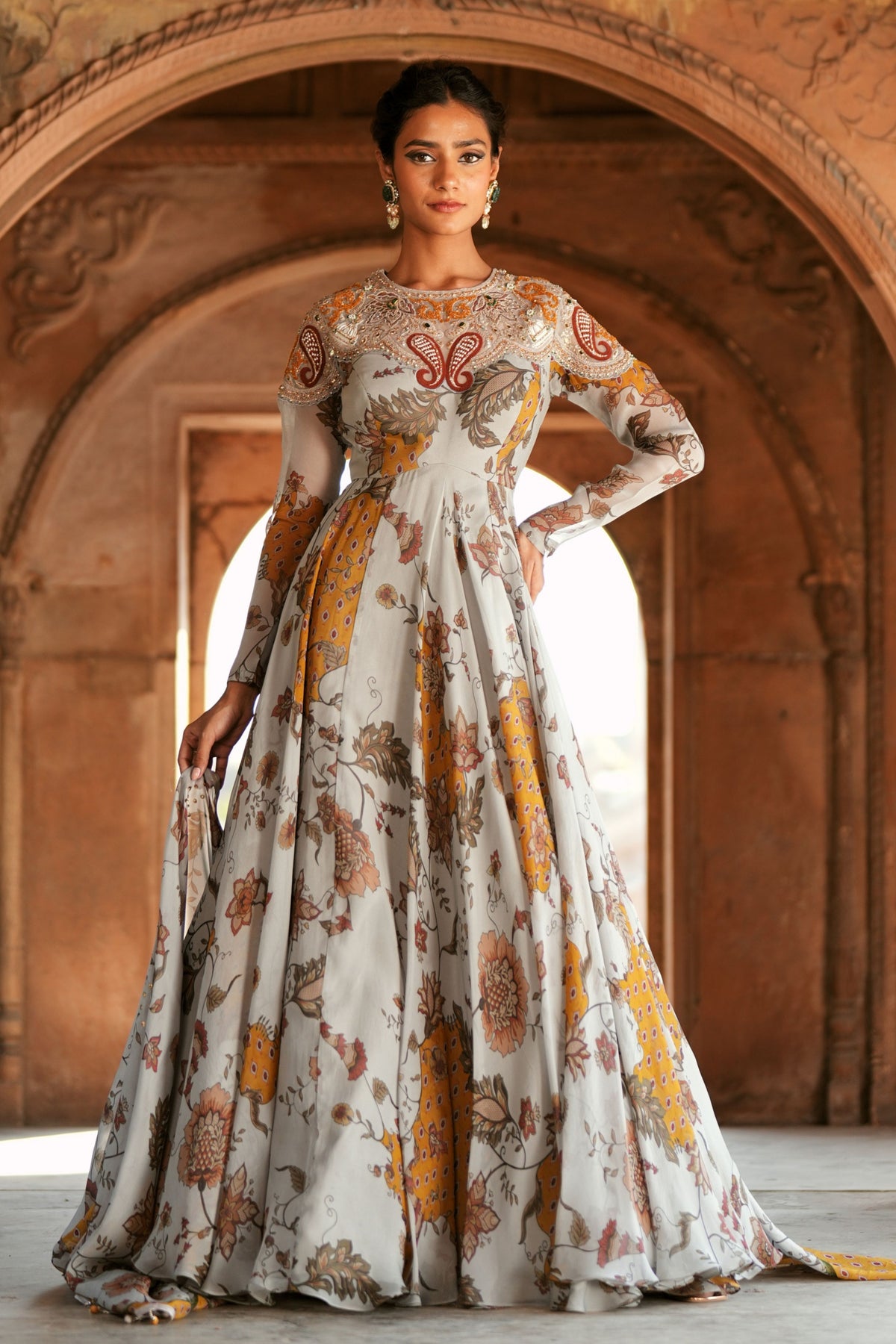 Grey Floral Embroidered Anarkali Set