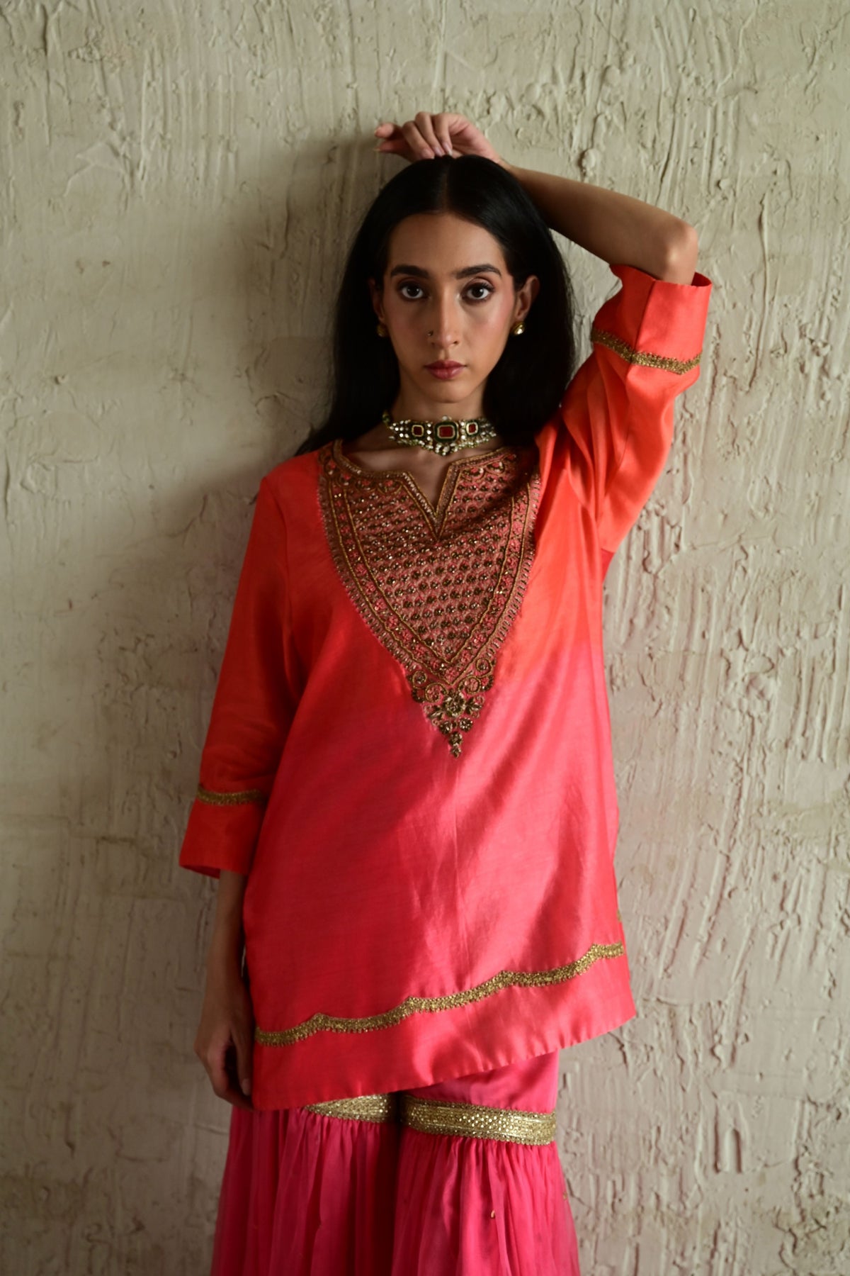 Coral Pink Ghevar Kurta Set
