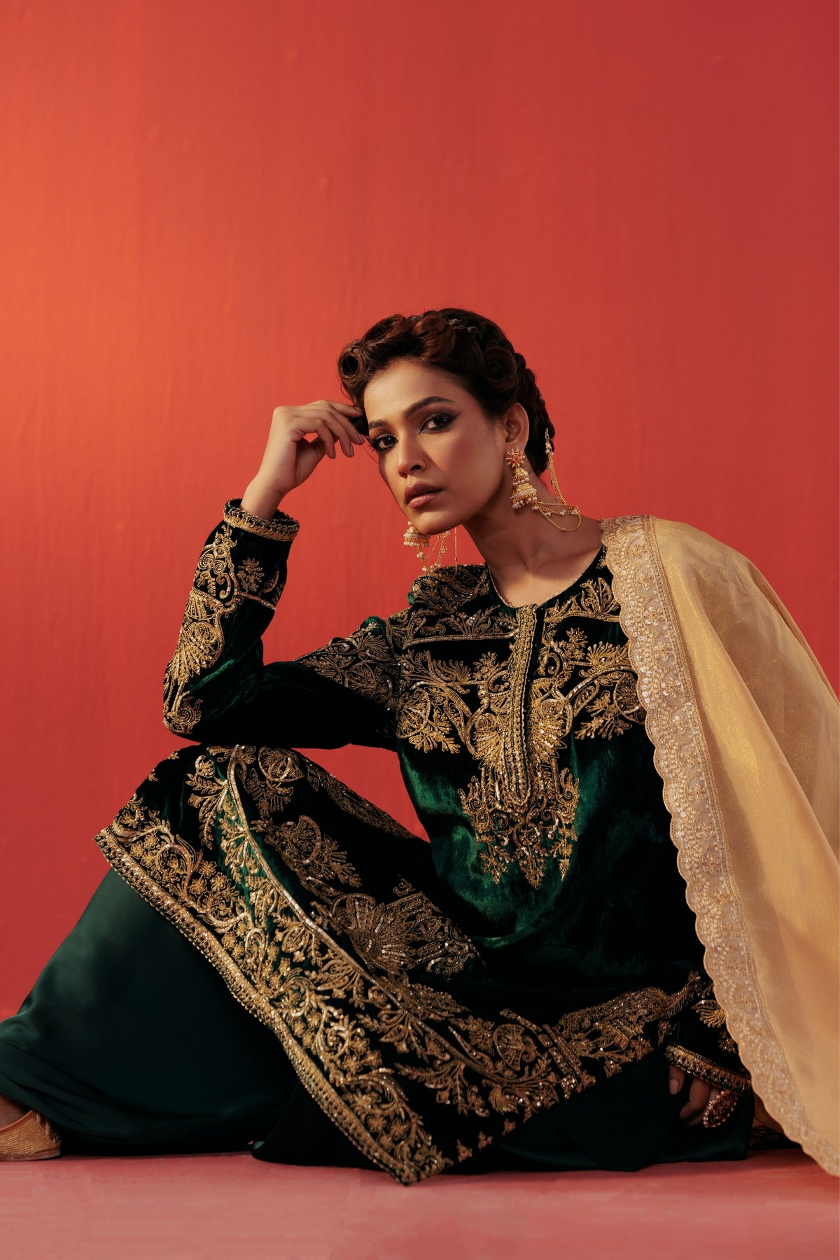 Bottle Green Velvet Kurta Set