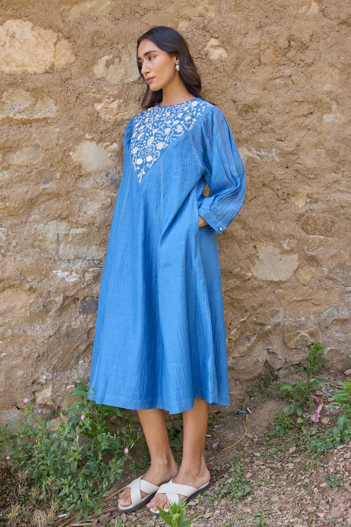 Blue Embroidered Yoke Chanderi Dress