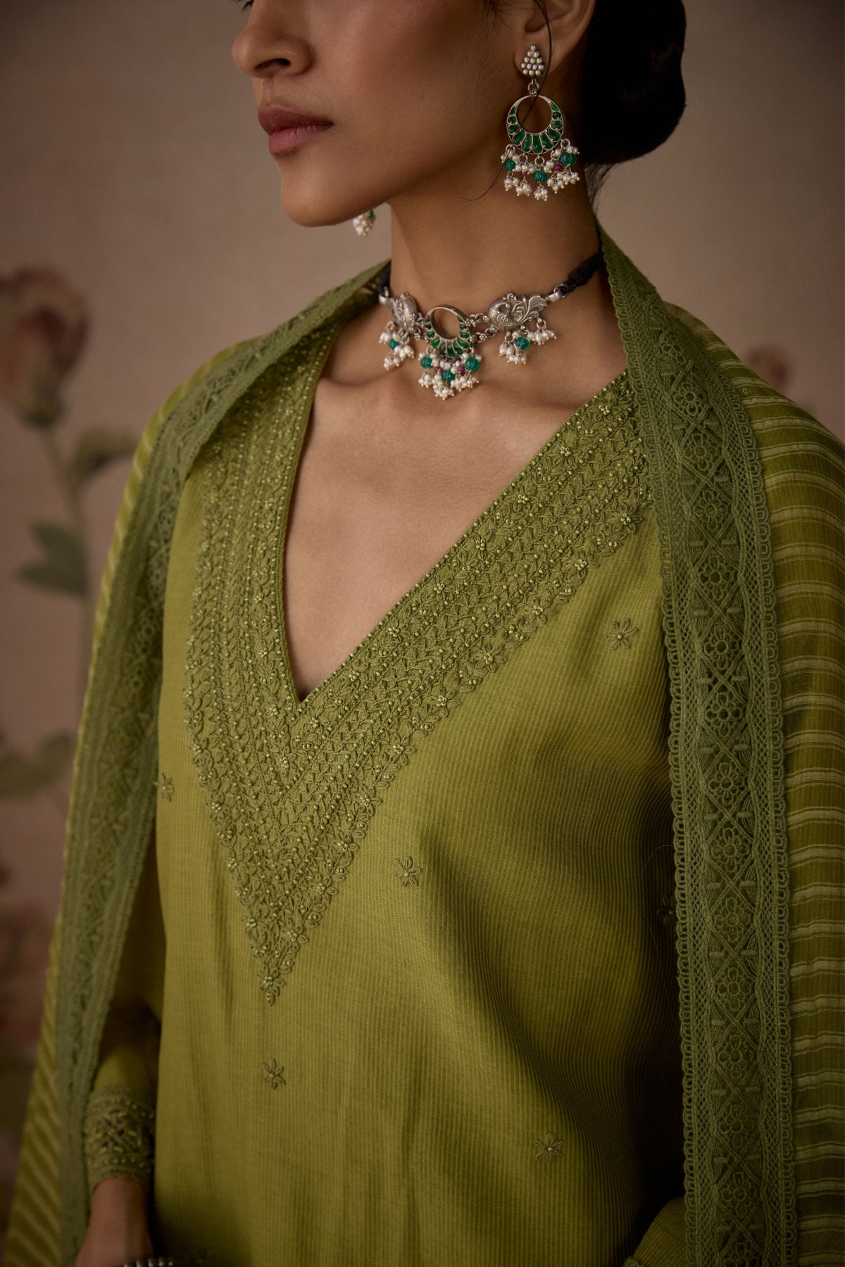 Green Self Embroidered Kurta Set