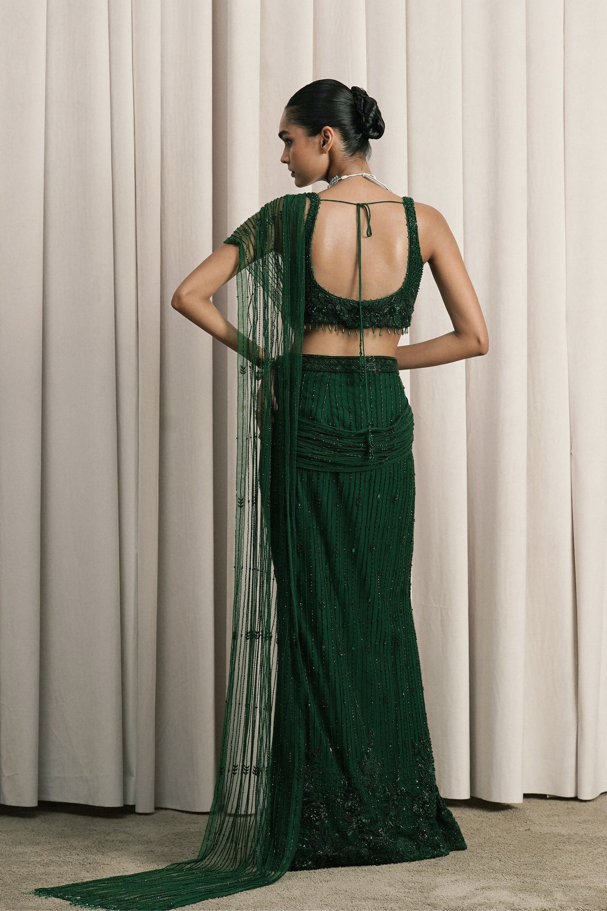 Emerald Green Embroidered Net Saree With Blouse
