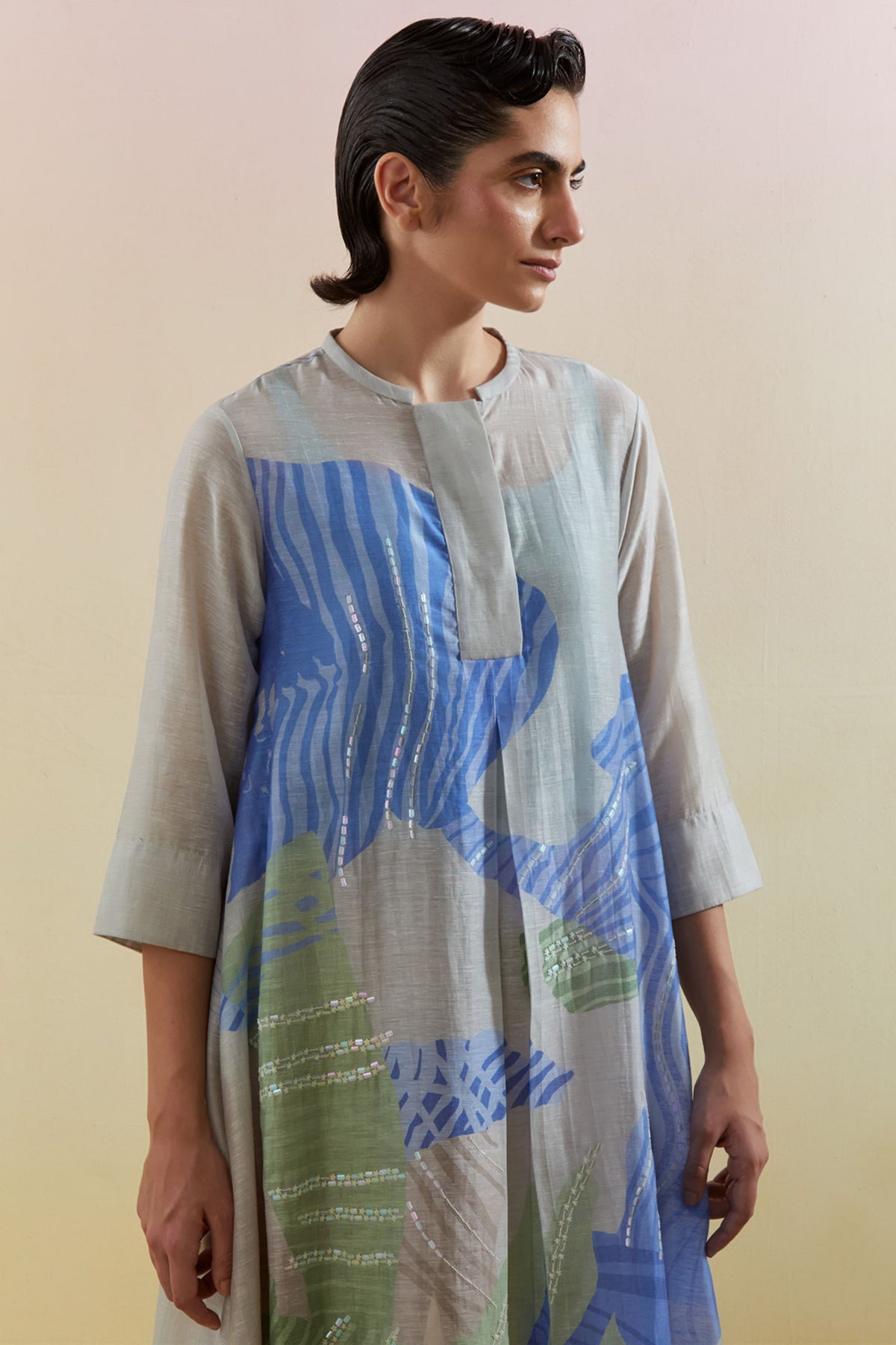 Zaron Beige & Blue Kurta Set