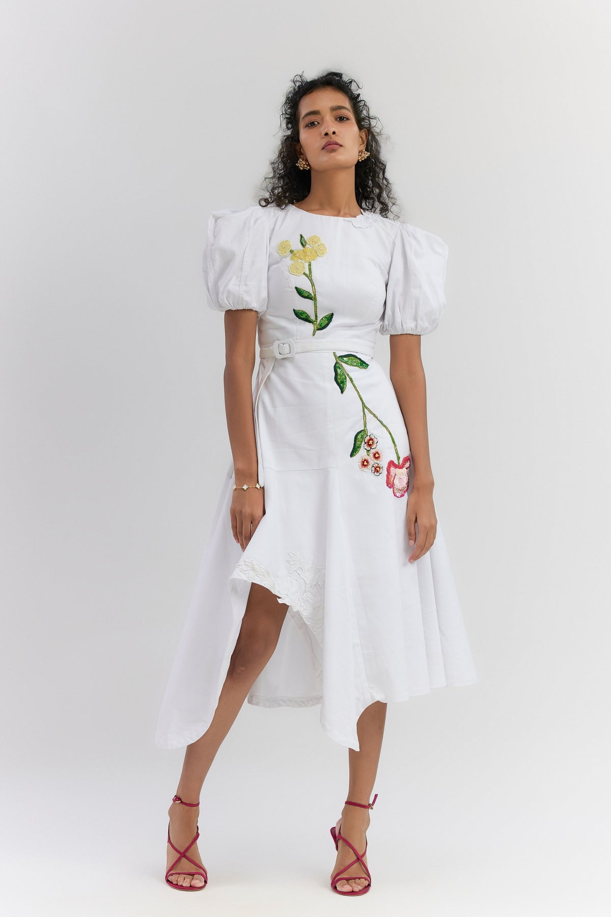 White Twill Cotton Midi Dress