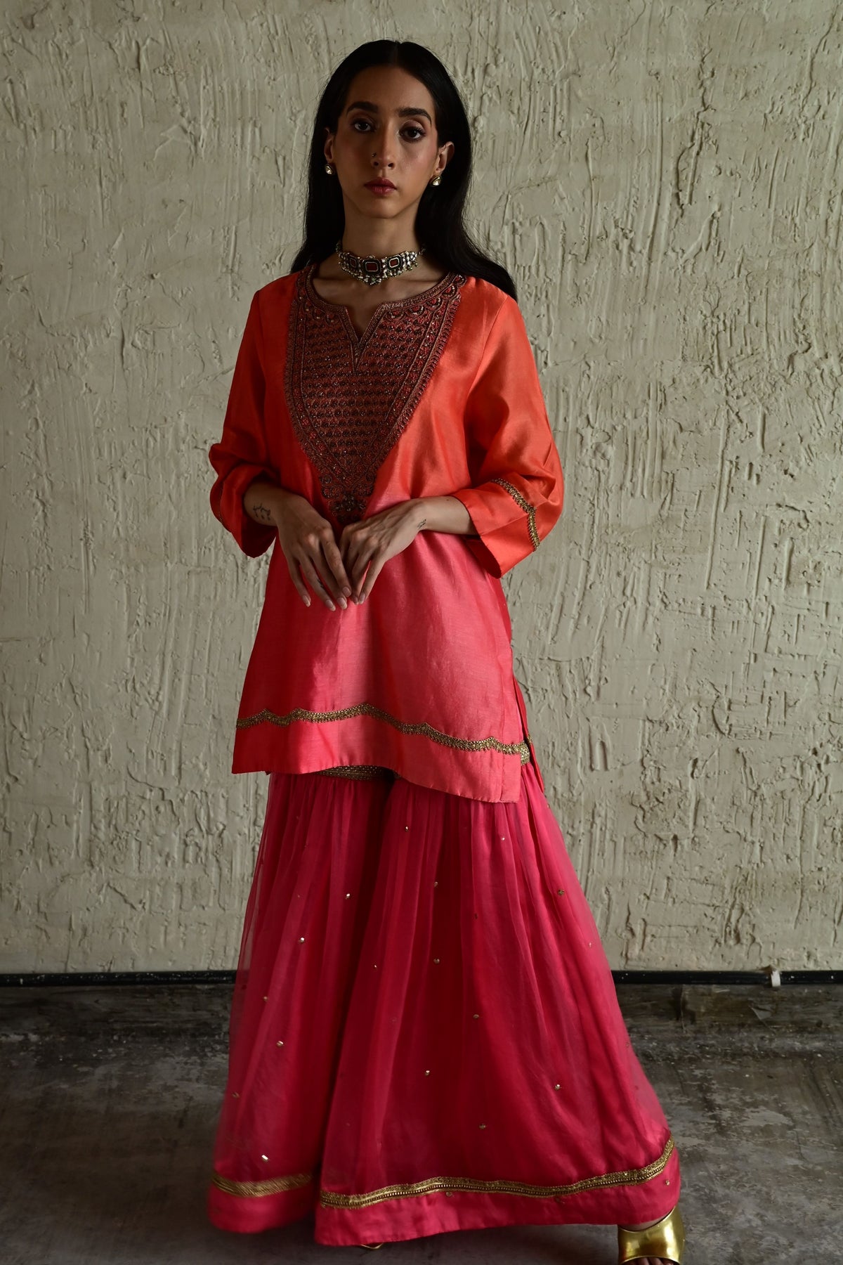 Coral Pink Ghevar Kurta Set