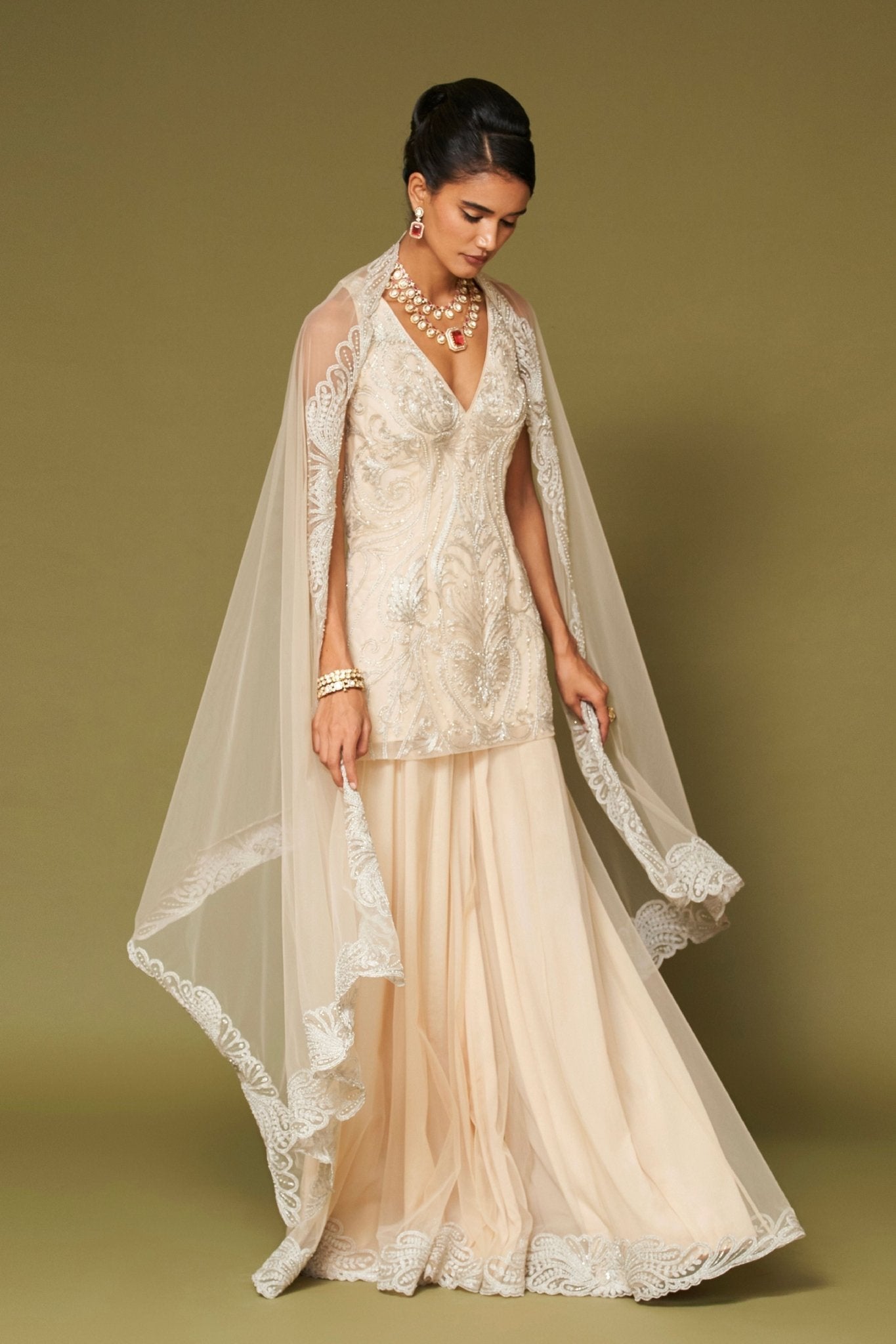 Almond Embroidered Net Sharara Set - Devnaagri - Elahe