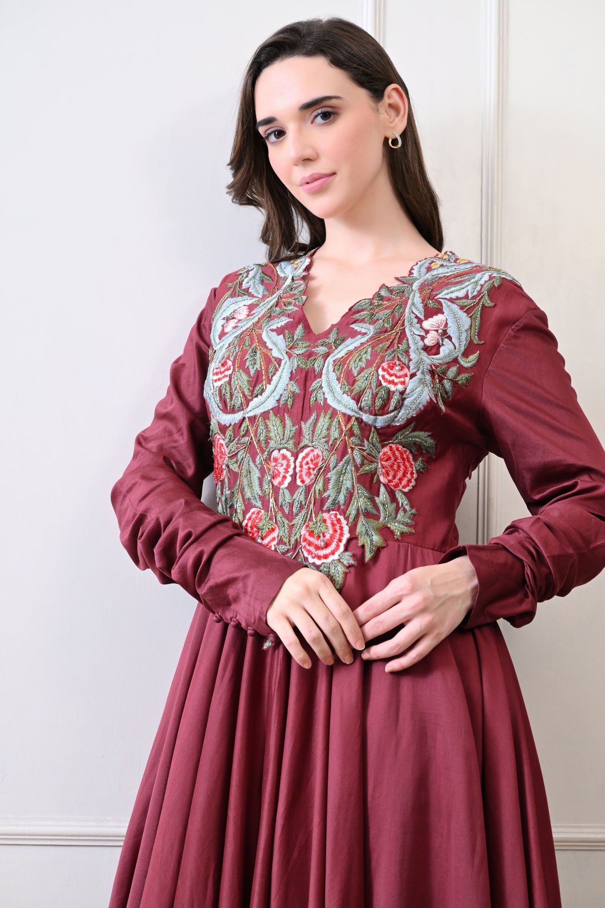 Maroon V-neck Embroidered Anarkali