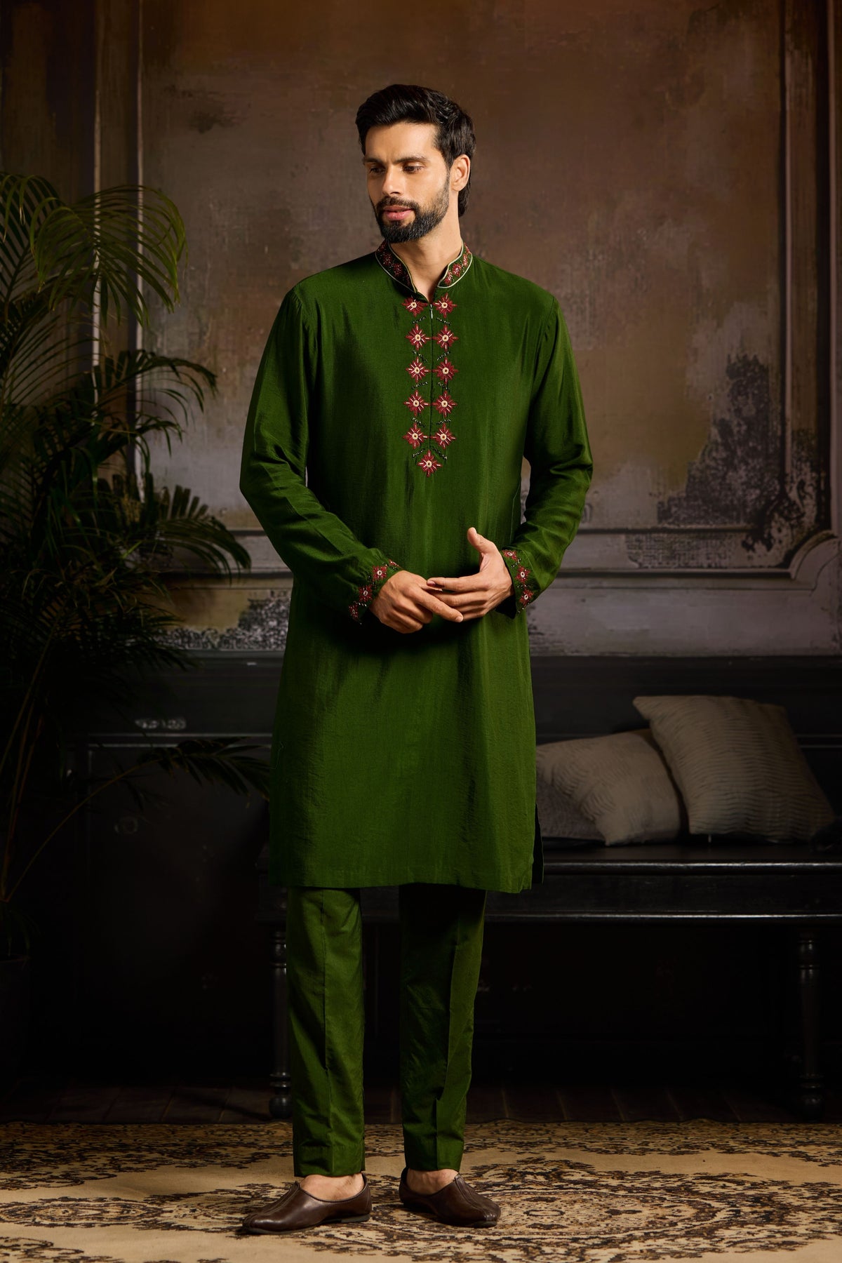 Olive Green Embroidered Kurta Set