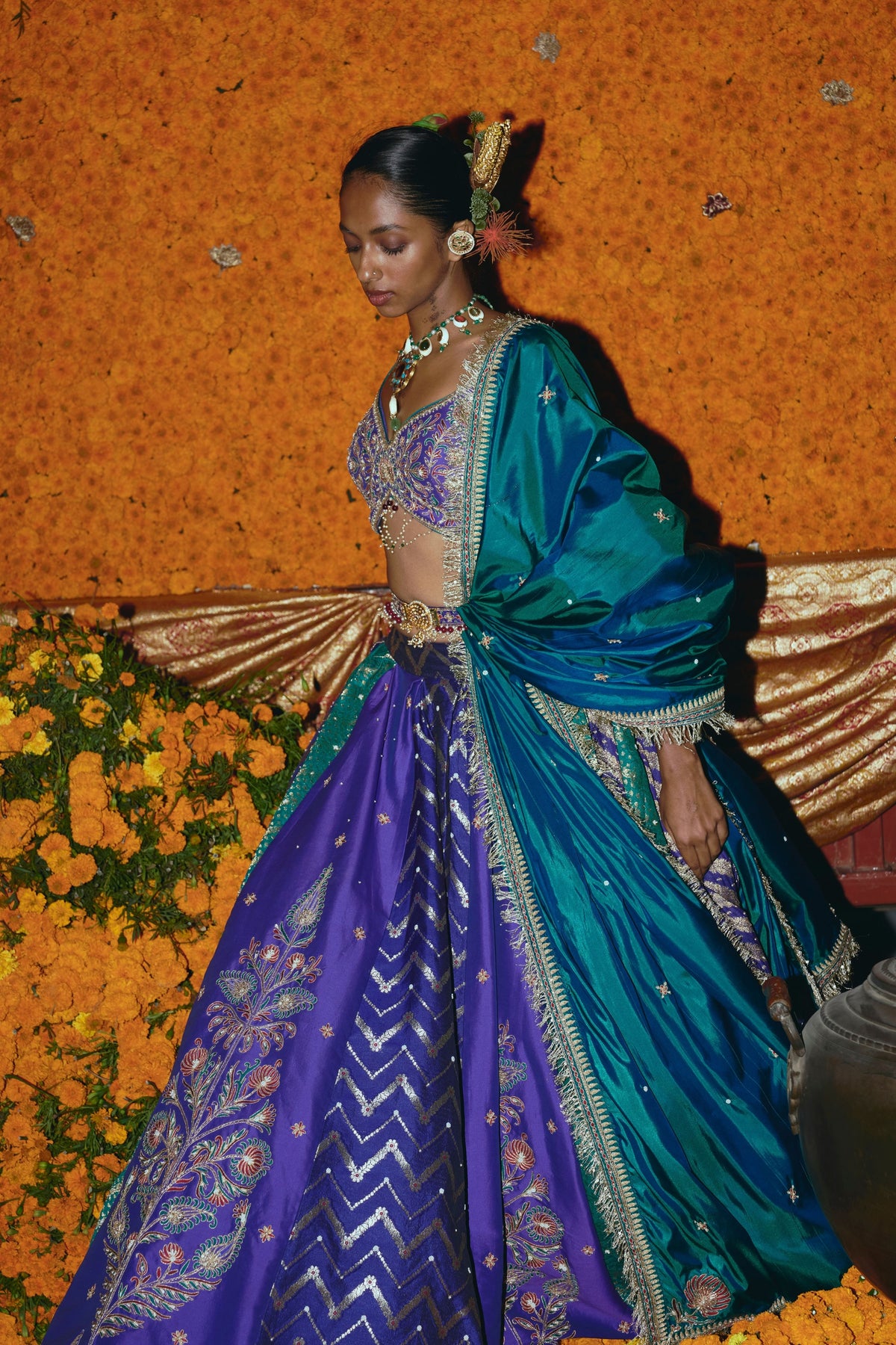 Panelled Purple Lehenga Set