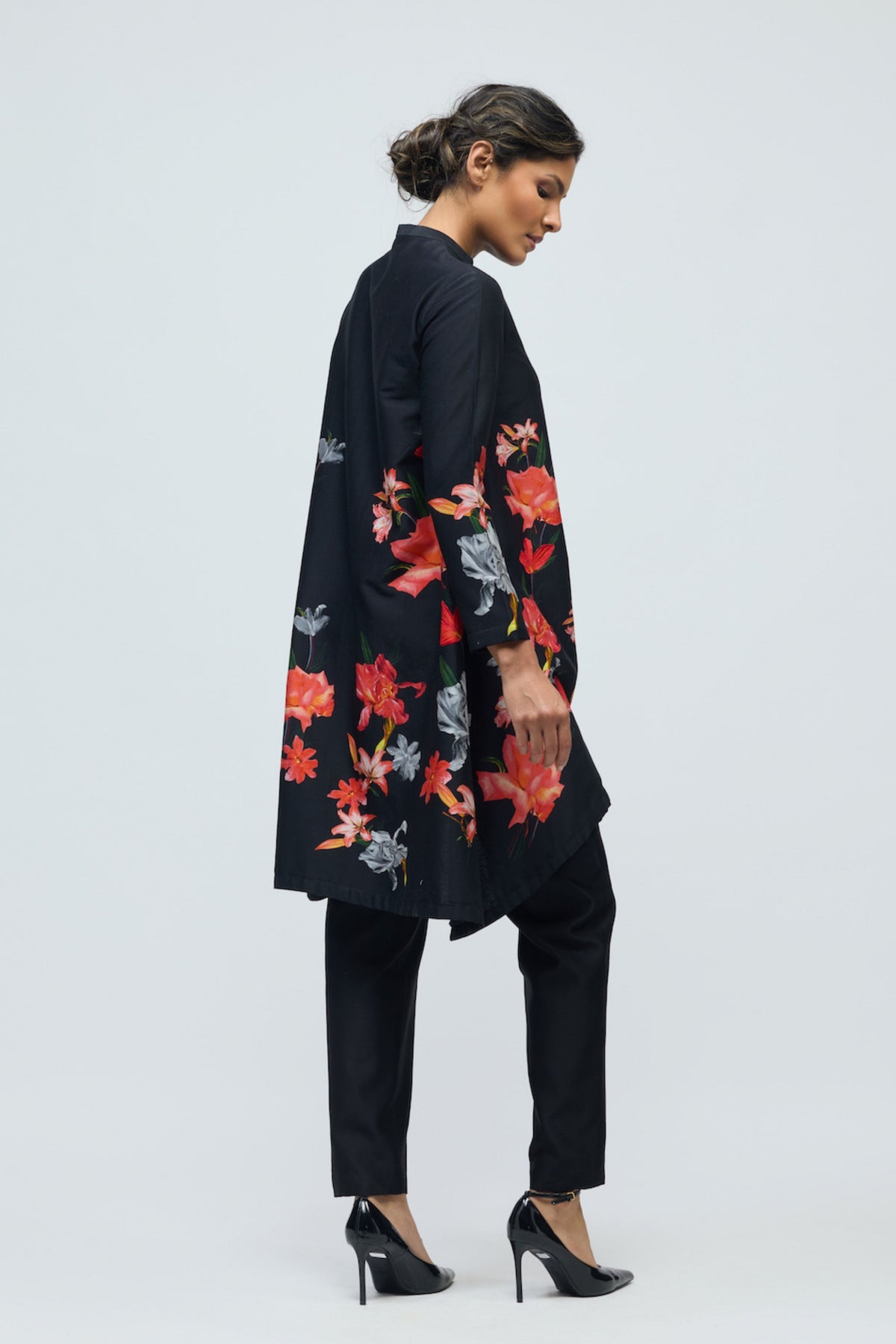 Floral Black Chanderi Tunic Set