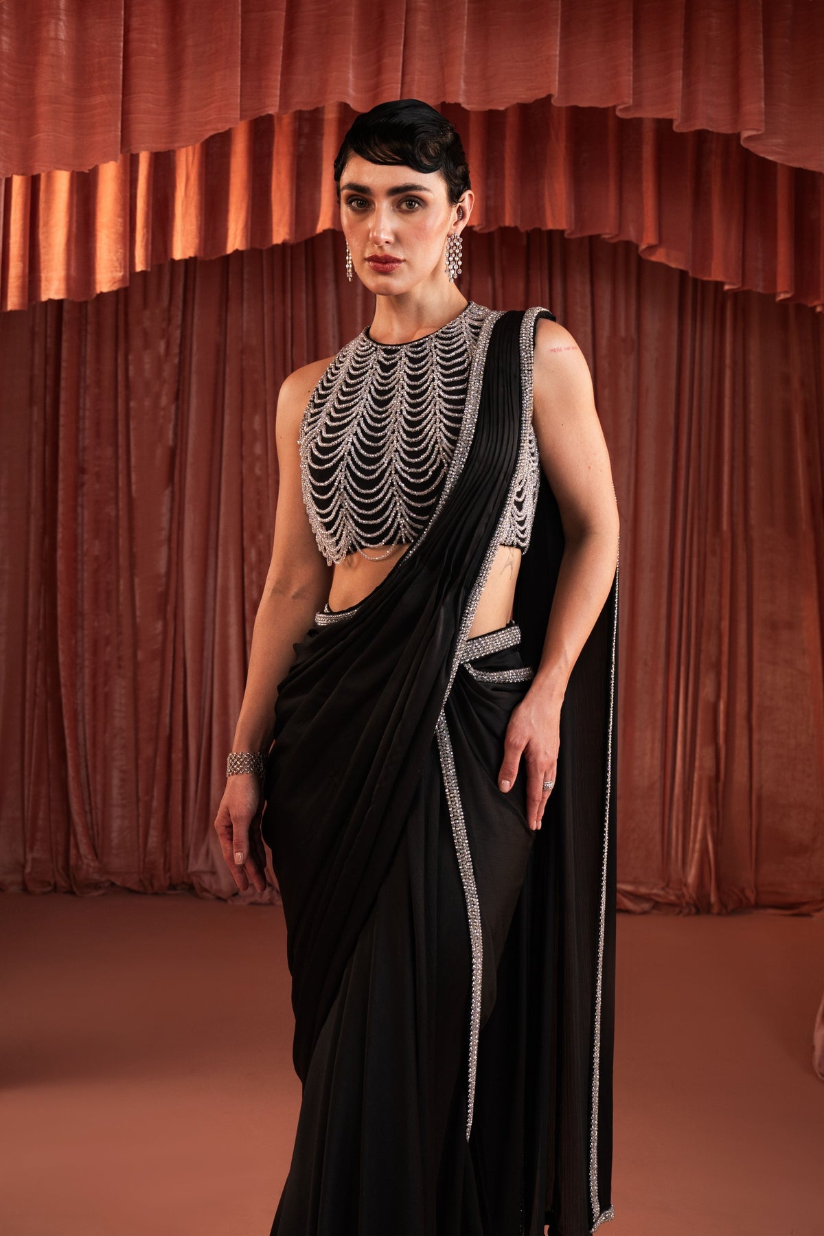 Black Sequin Draped Saree Set