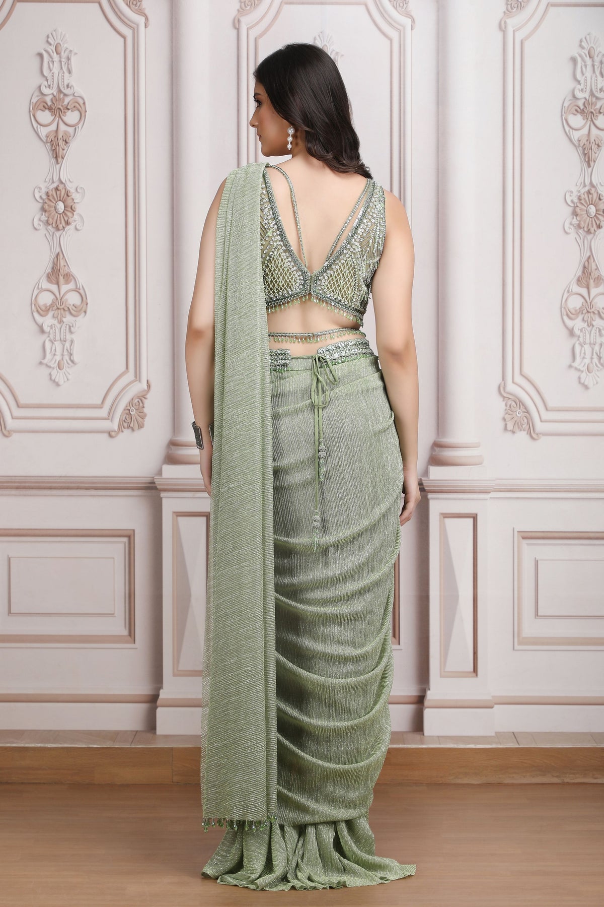 Green Pre-Draped Saree