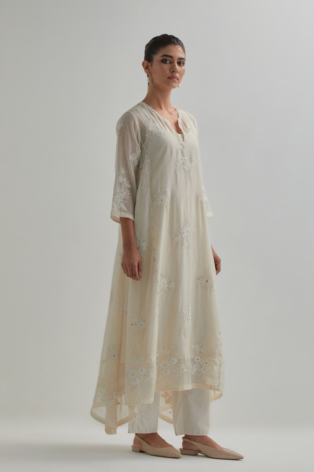 Off White Asymmetric Kurta Set