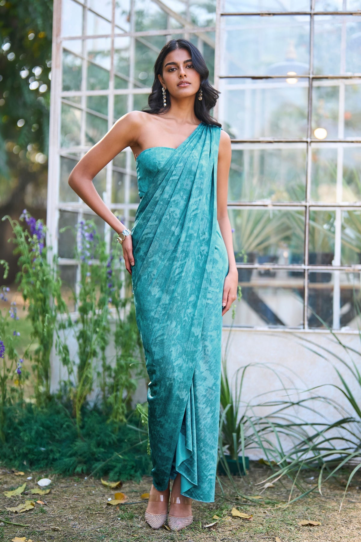 Aqua Blue Draped Sari Gown
