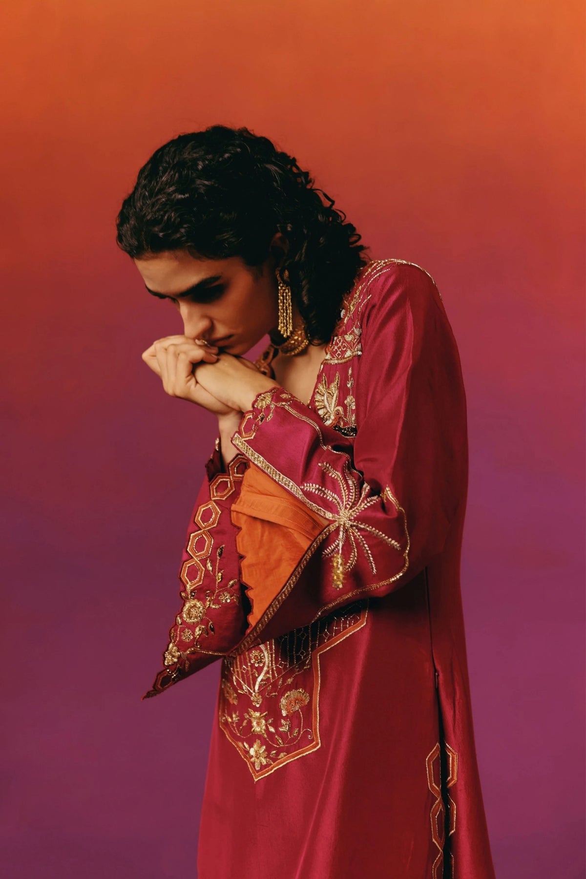 Red Palm Long Kurta Set