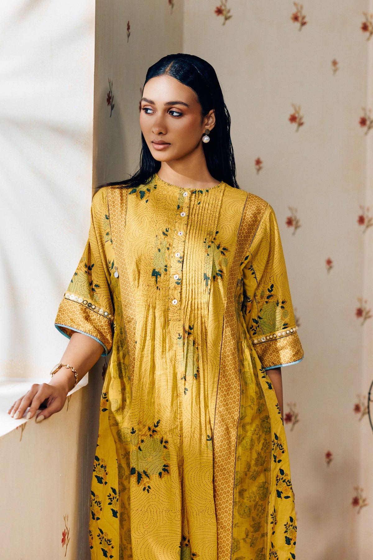 Mustard Rose Print Kurta Set