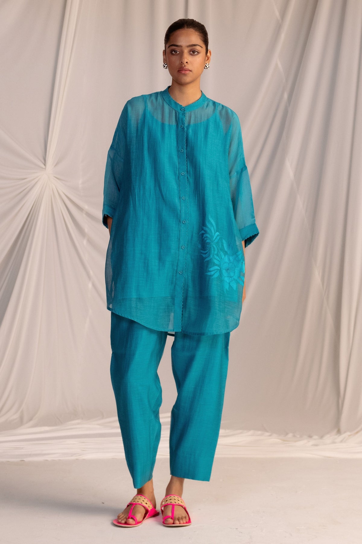 Turquoise Embroidered Tunic Set