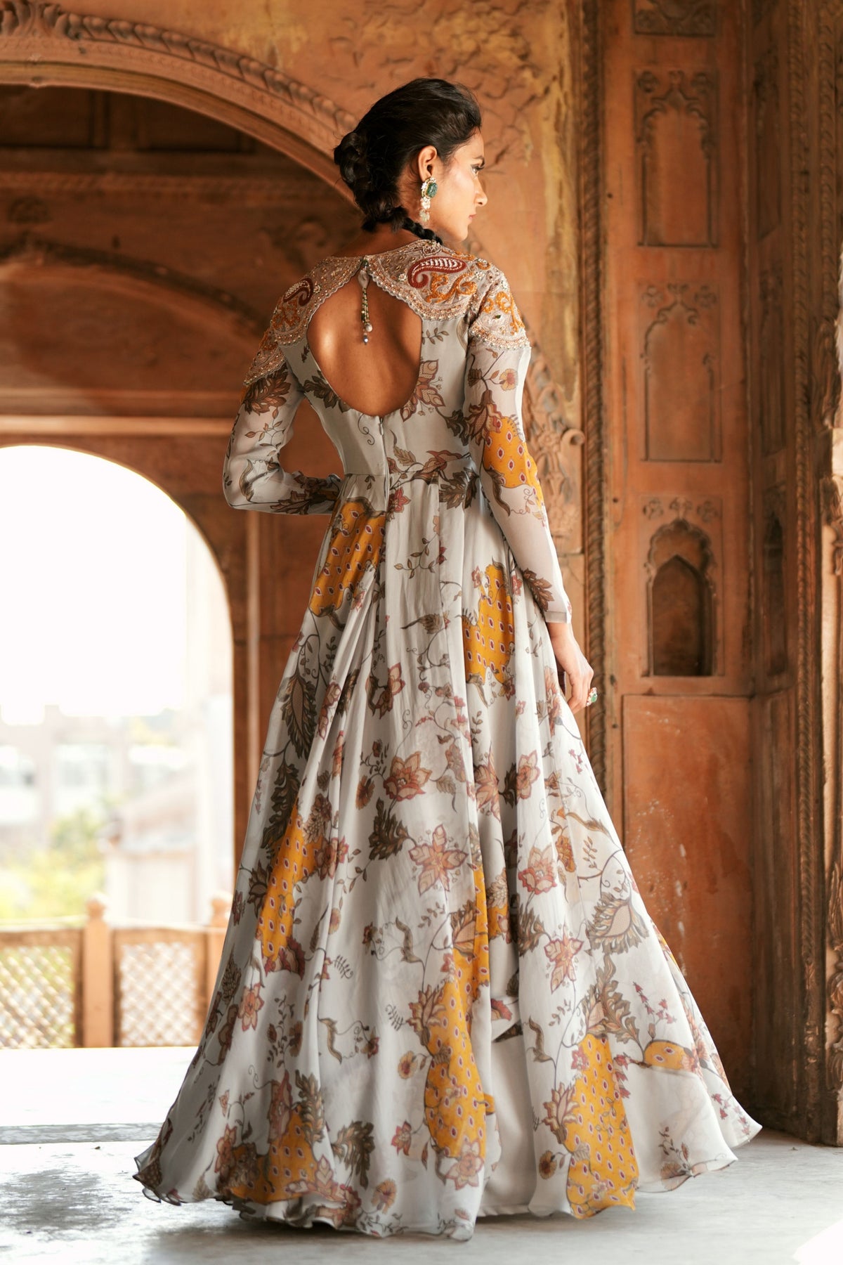 Grey Floral Embroidered Anarkali Set