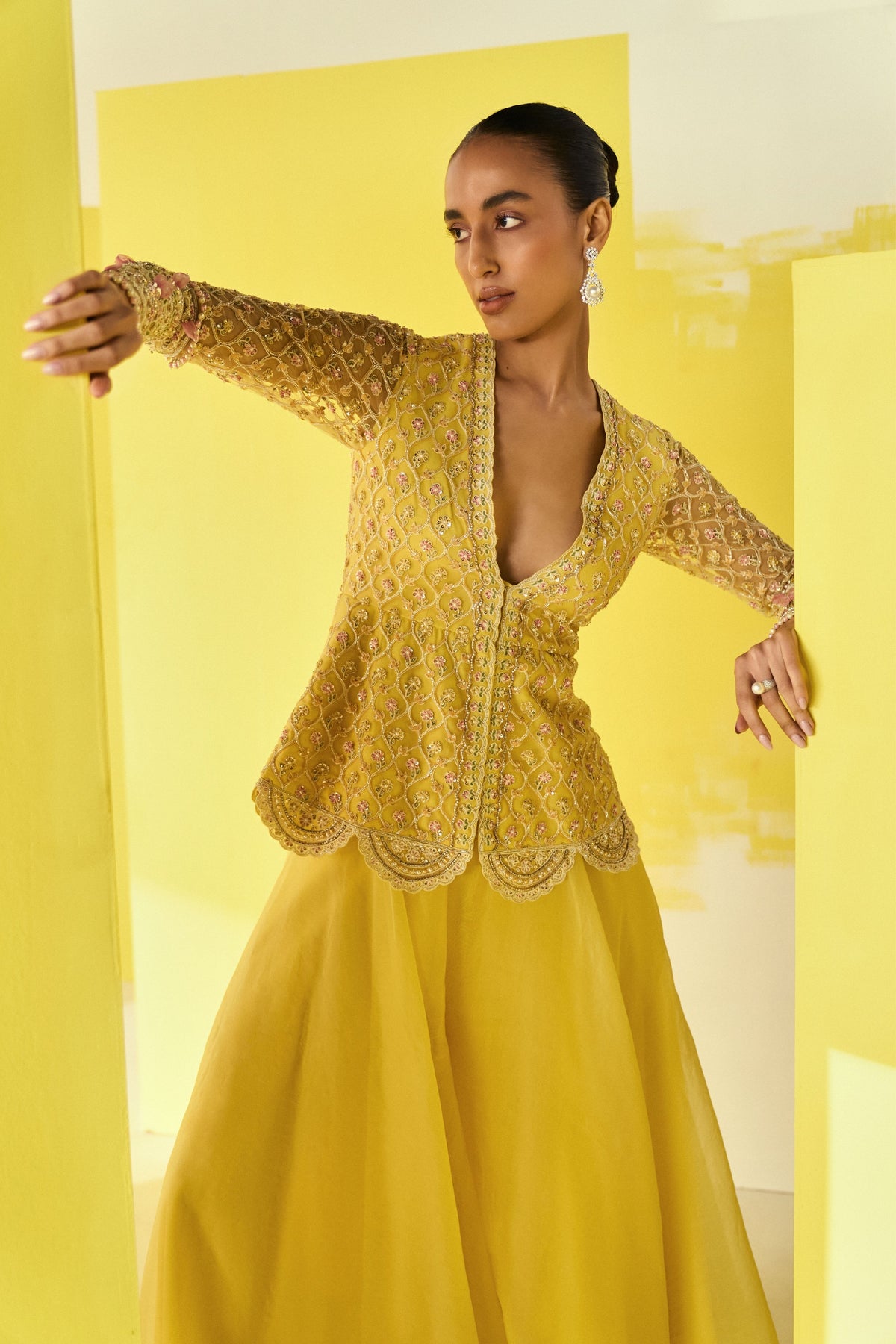 Aafeh Yellow Peplum Sharara Set