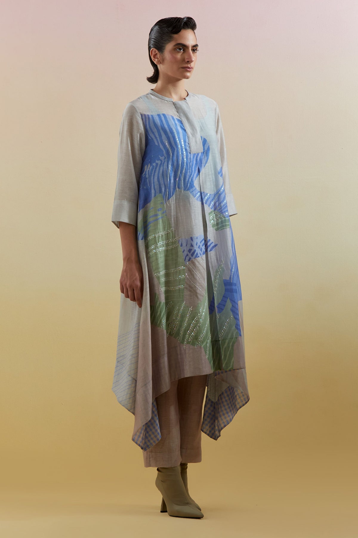 Zaron Beige & Blue Kurta Set