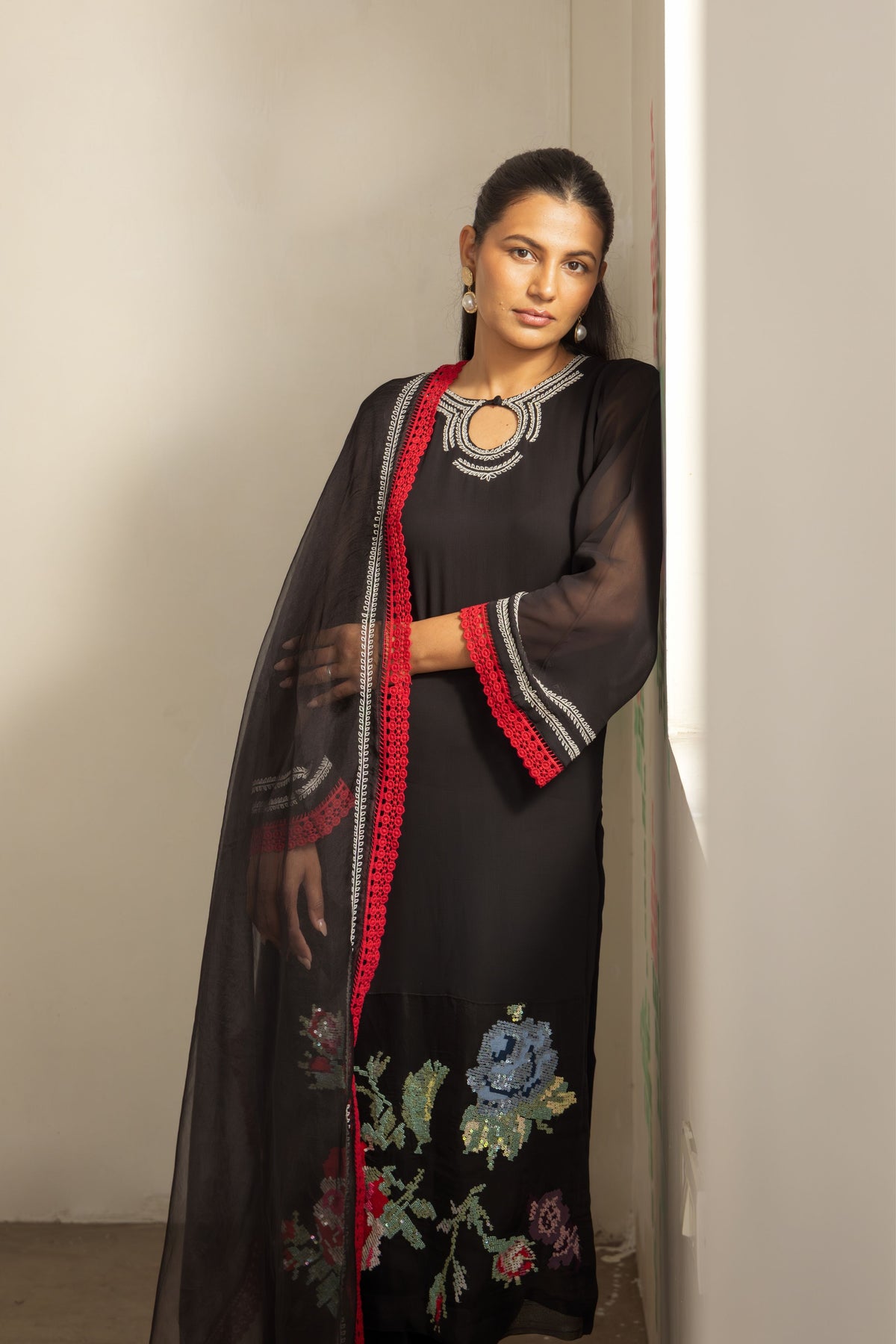 Black Flora Kurta Set