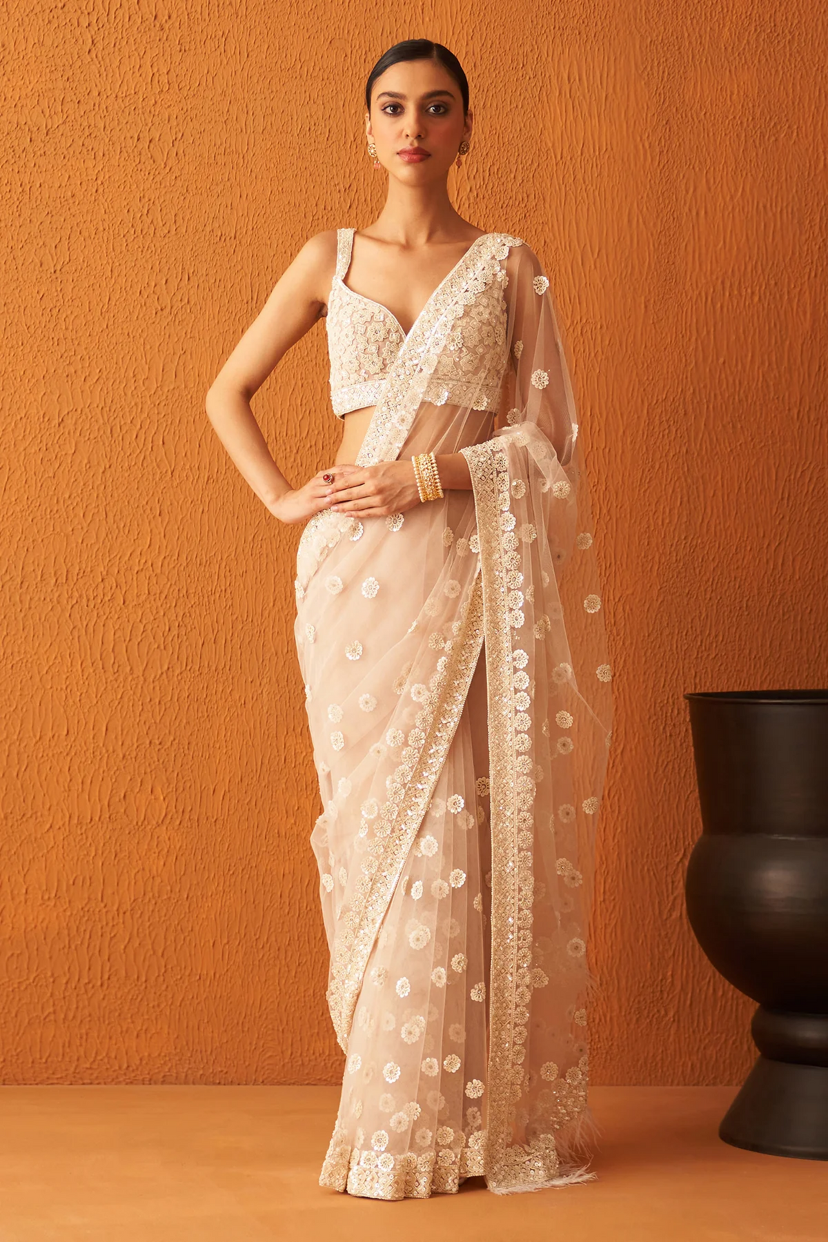 Peach Net Saree