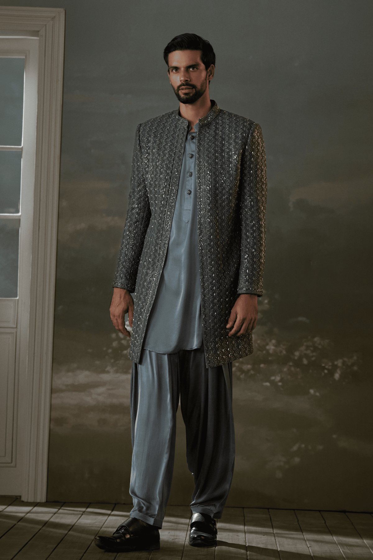 Grey Open Jacket With Kurta and Set