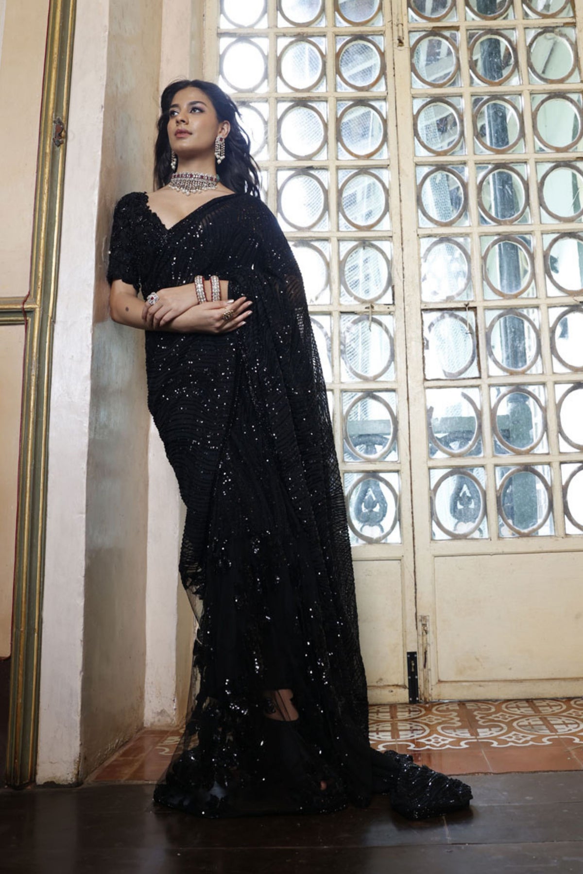 Black Embroidered Half-Half Saree with Choli